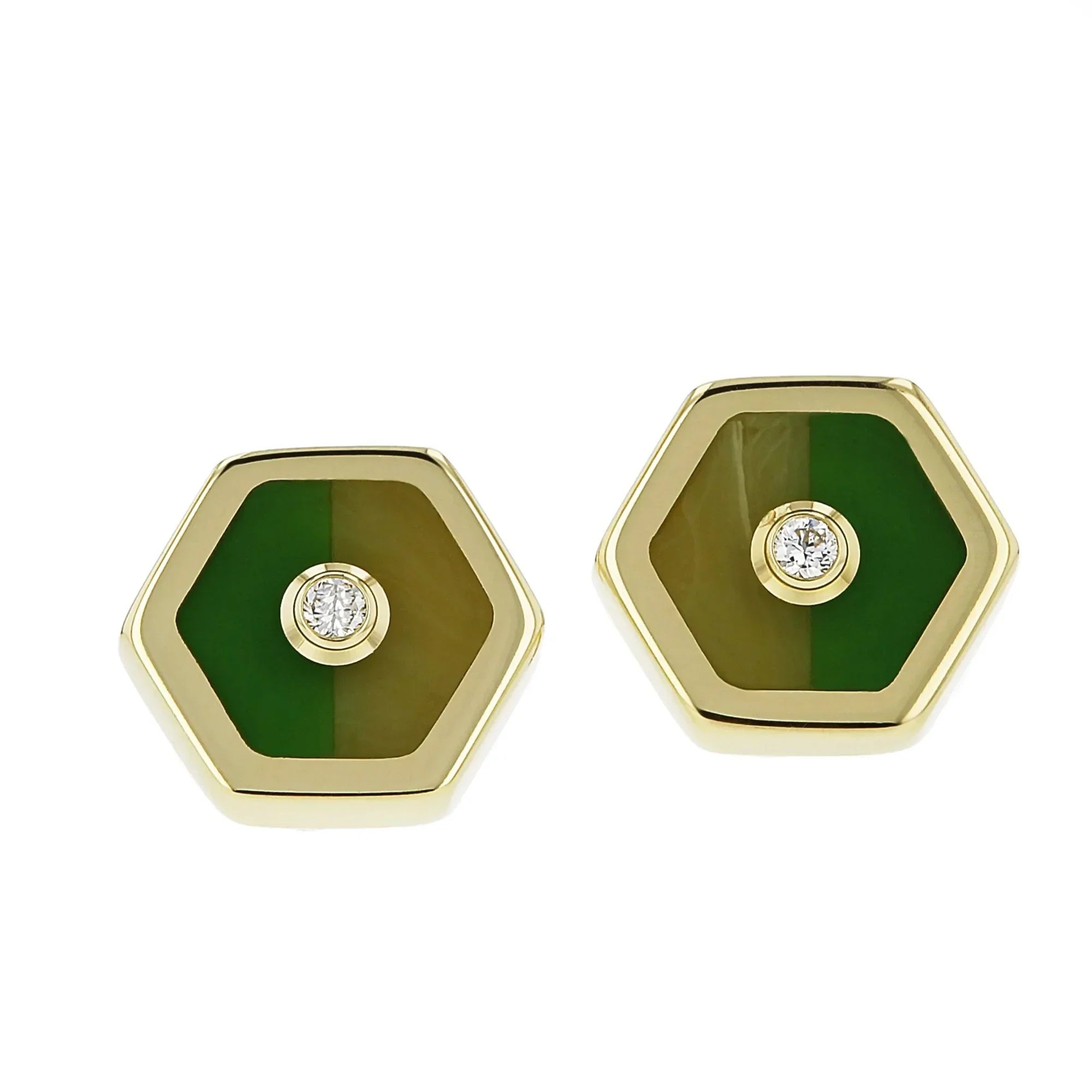 Gigi Earrings | Bakelite earrings in complimentary shades of green set in gold with diamonds.