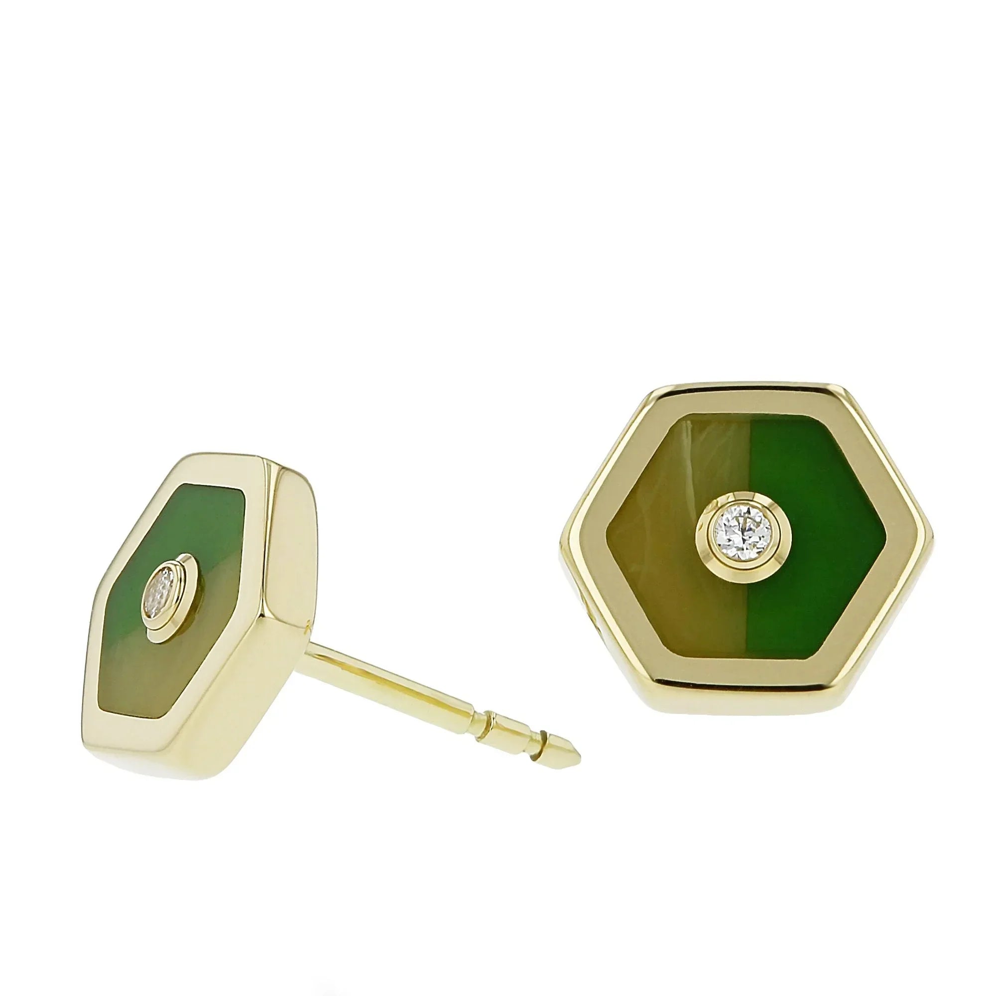 Gigi Earrings | Bakelite earrings in complimentary shades of green set in gold with diamonds.