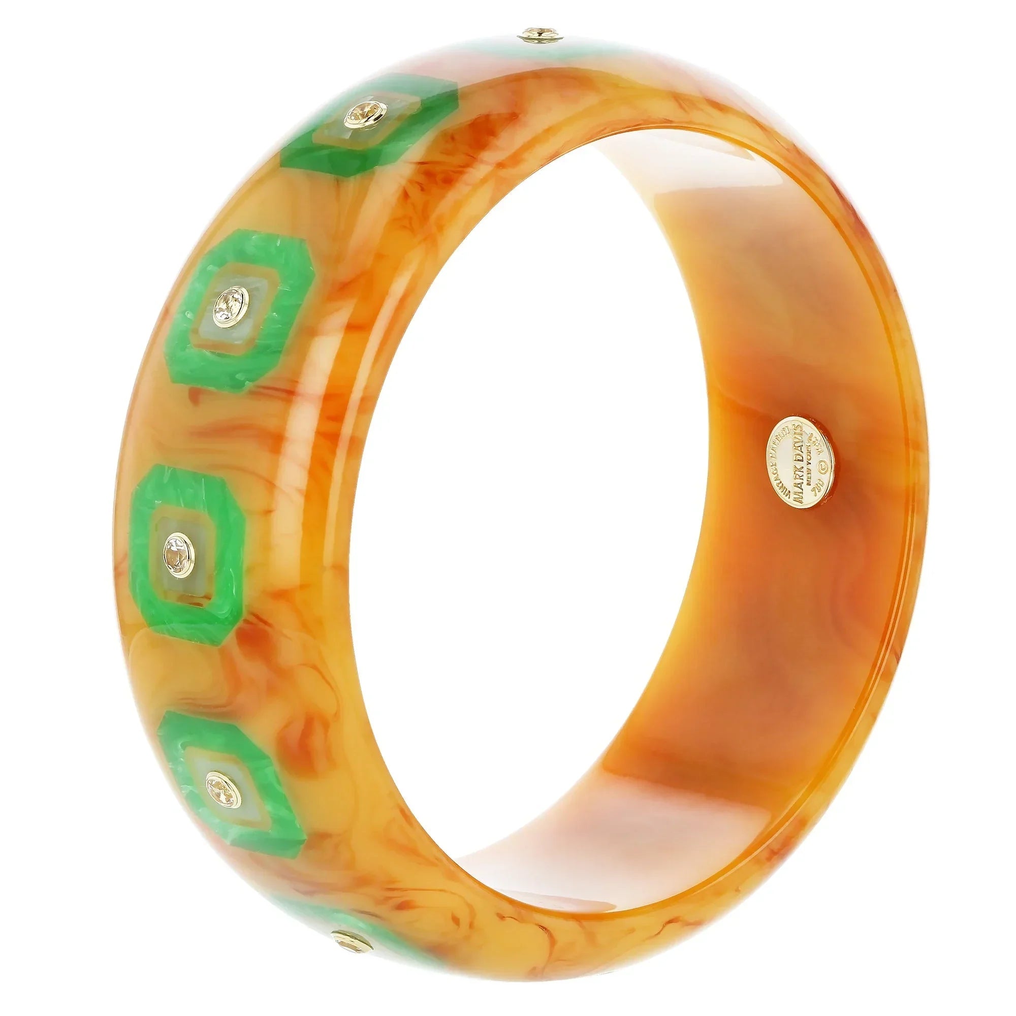 Hailey Bangle | Bakelite with deep marbling inlay, and stones.