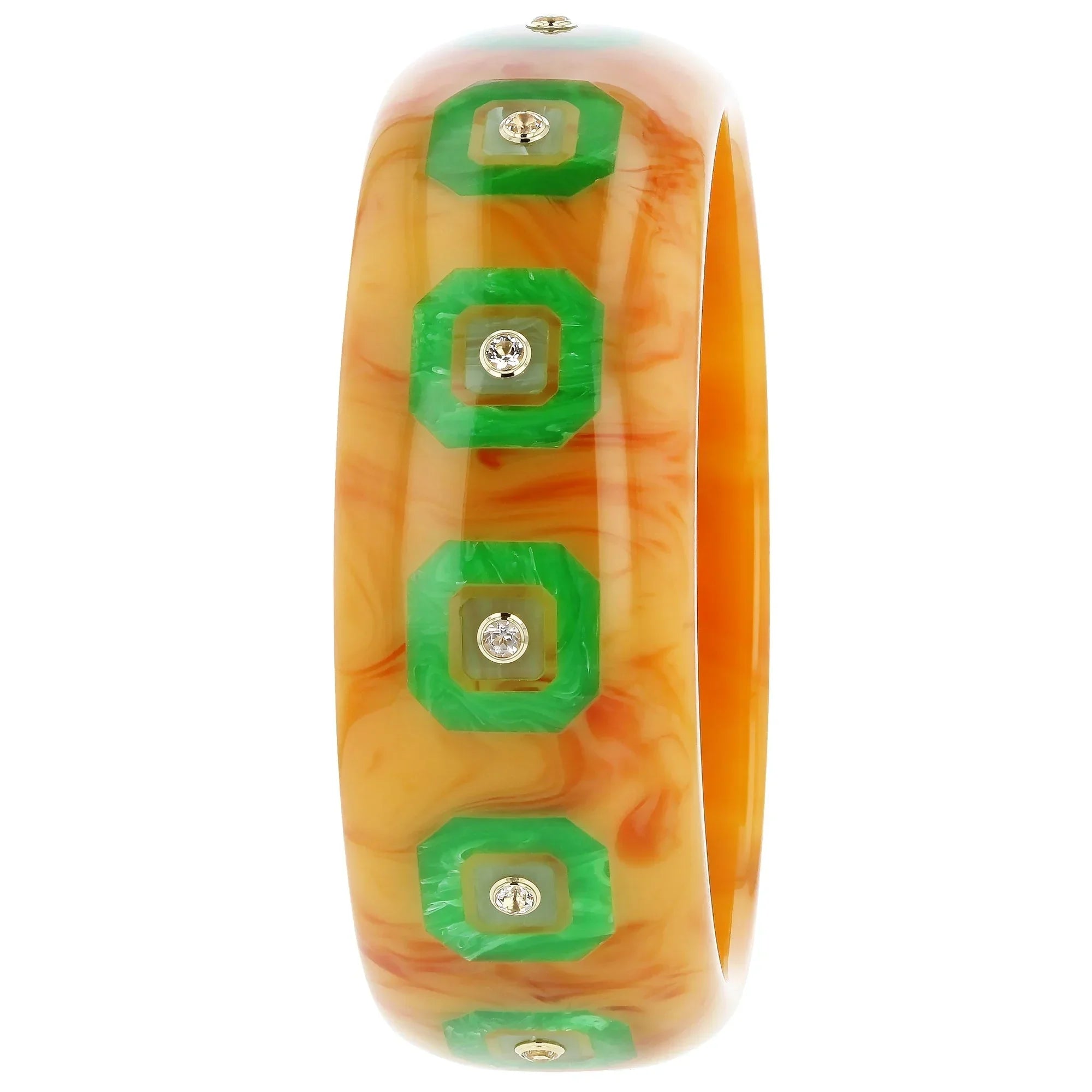 Hailey Bangle | Bakelite with deep marbling inlay, and stones.