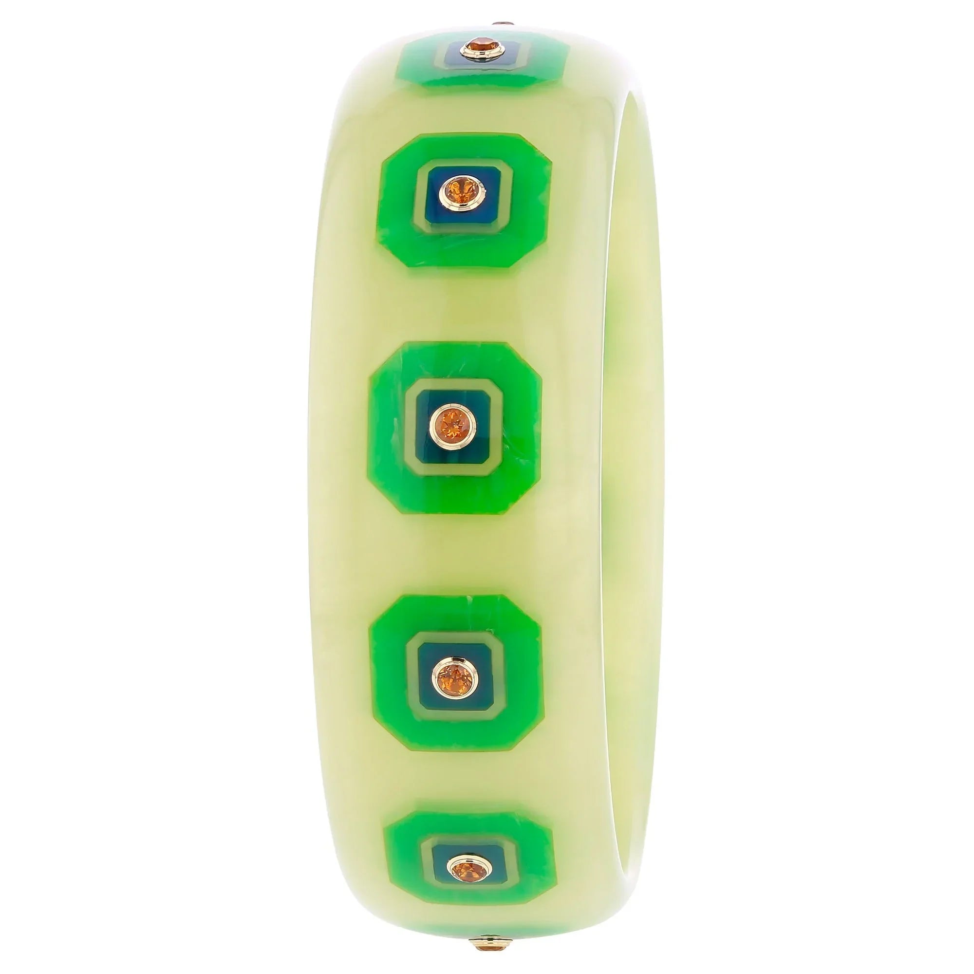 Hailey Bangle | Pale green bakelite with inlay and stones.