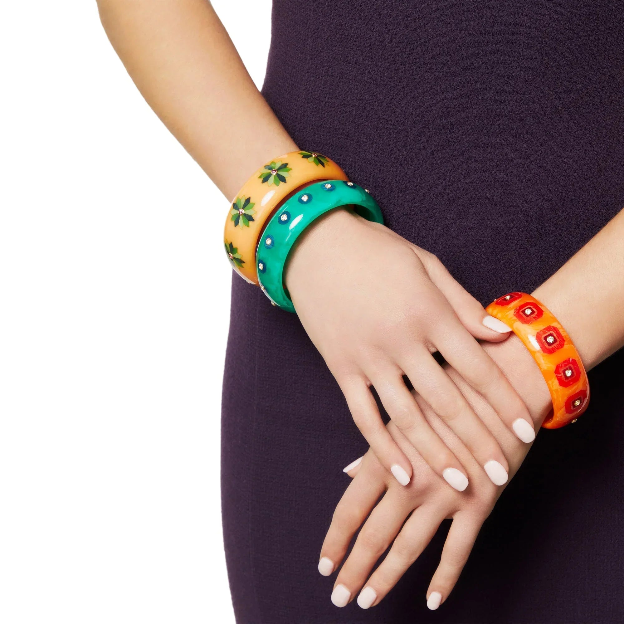 Hailey Bangle | Warm orange bakelite with inlay and stones.