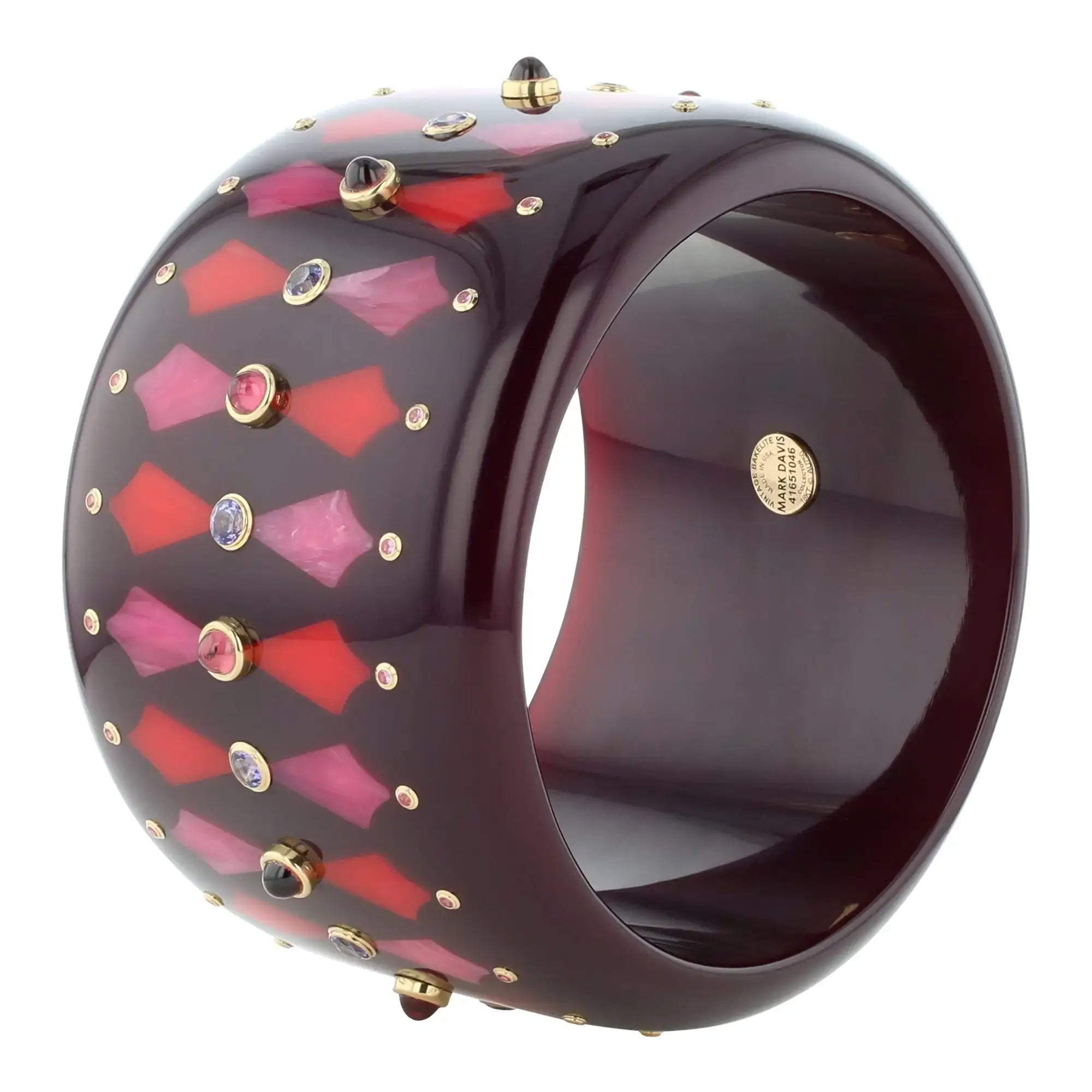 Harriet Bangle | Deep aubergine bakelite with inlay and stones.