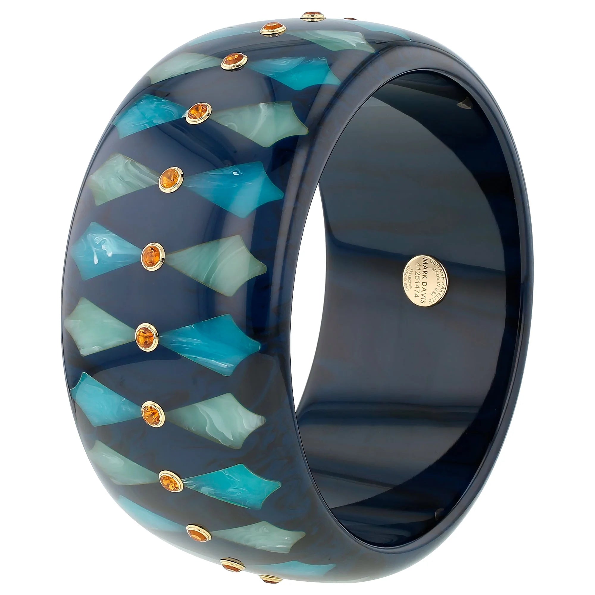 Harriet Bangle | Teal blue bakelite with inlay and stones. 