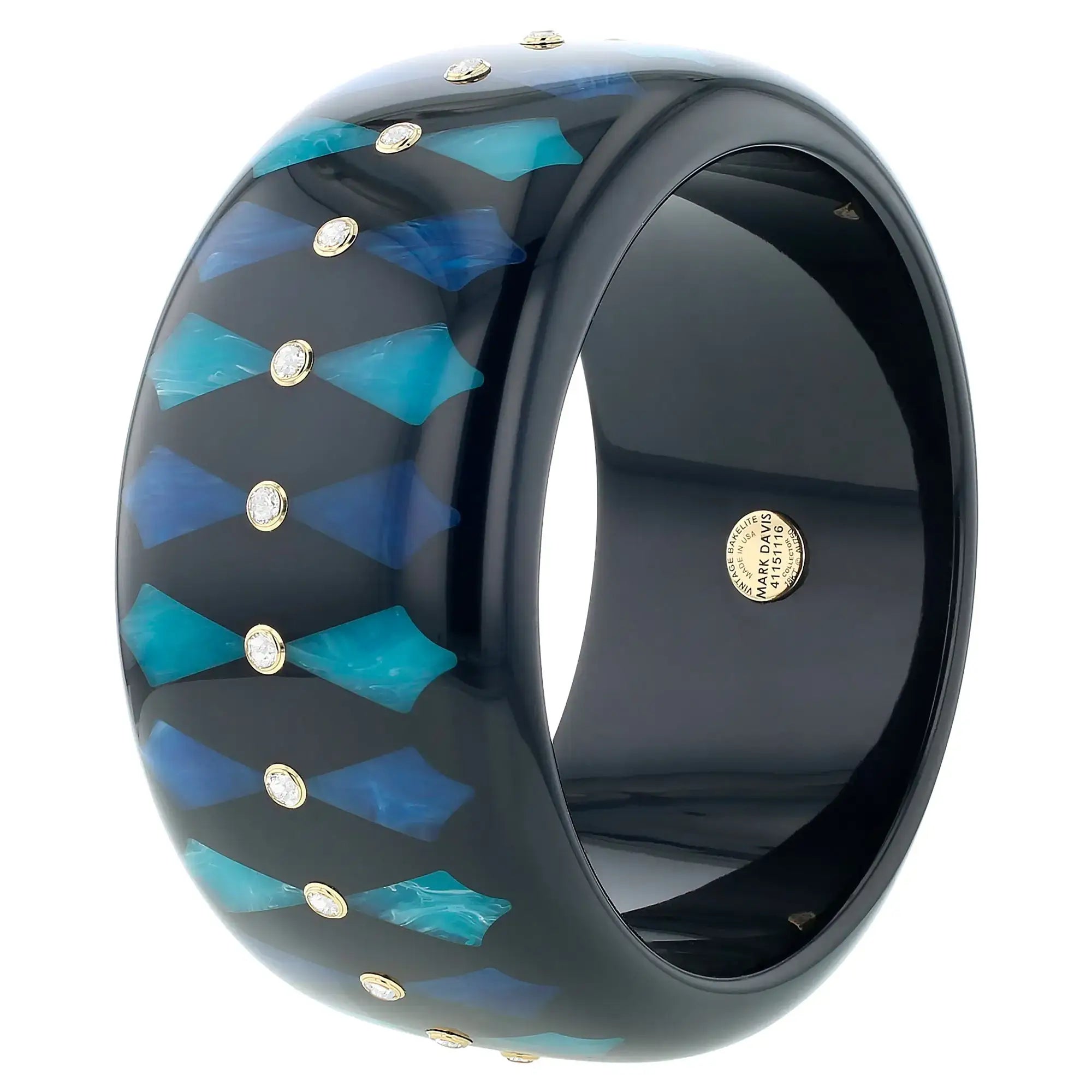 Harriet Bangle | Jet black bakelite with inlay and stones.