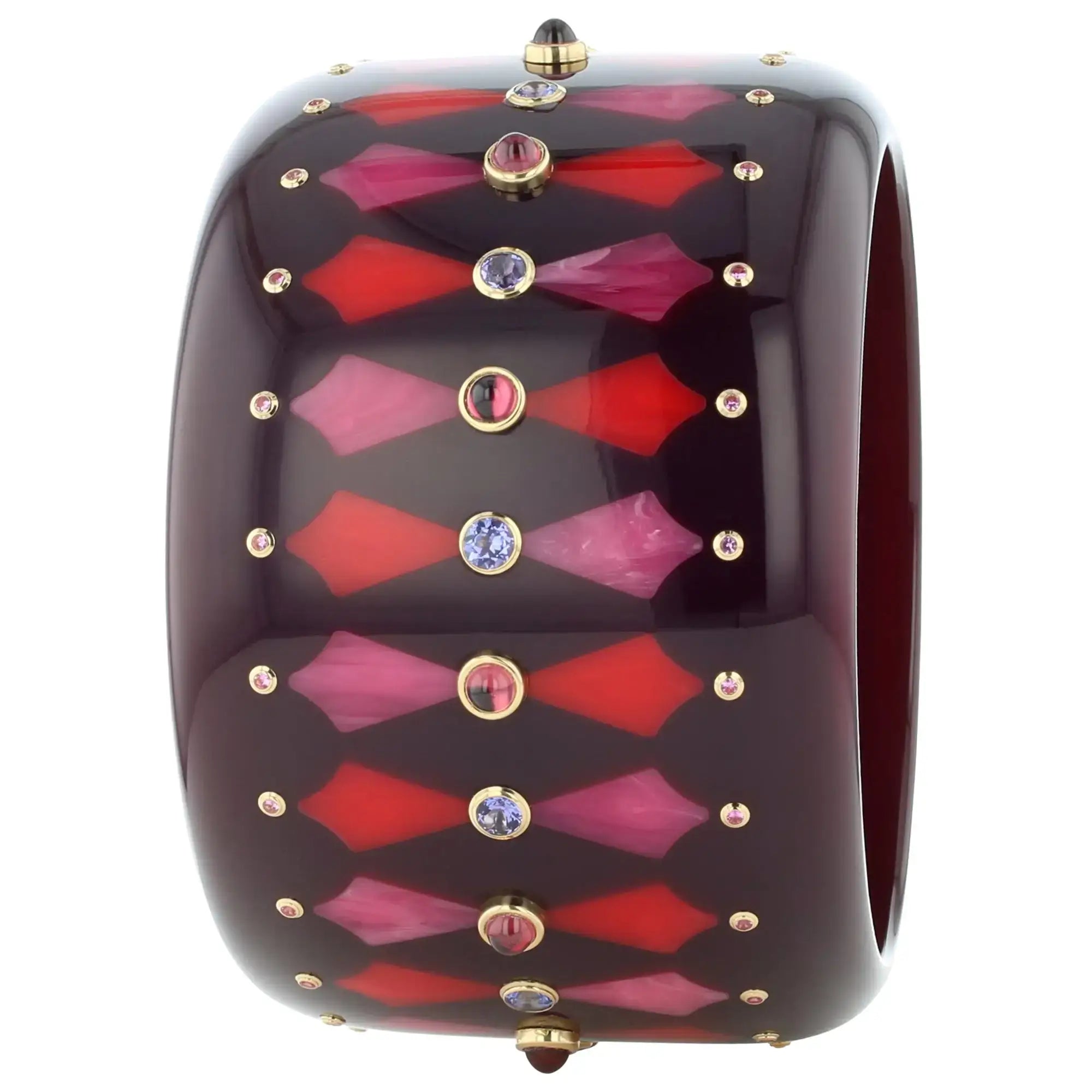 Harriet Bangle | Deep aubergine bakelite with inlay and stones.