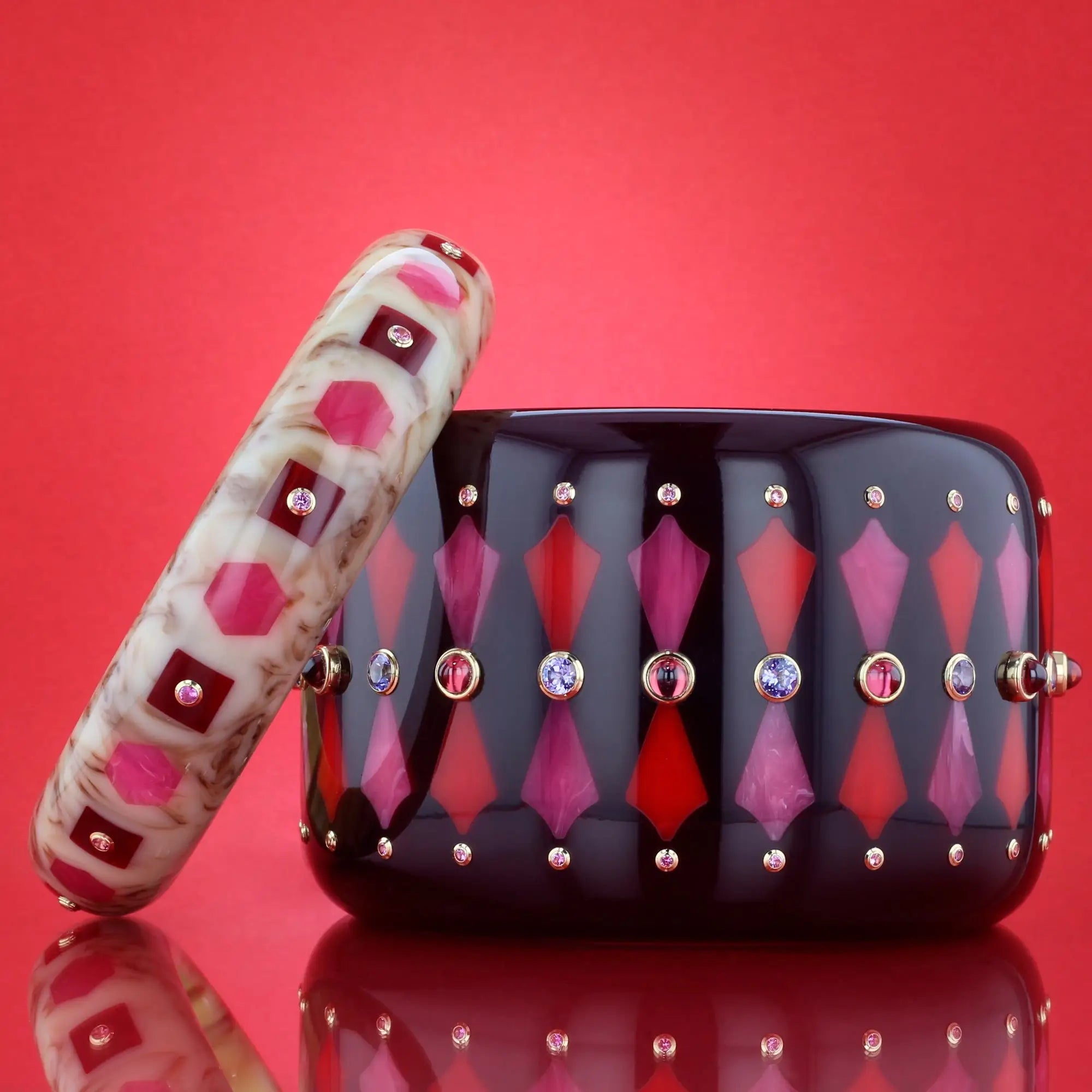 Harriet Bangle | Deep aubergine bakelite with inlay and stones.