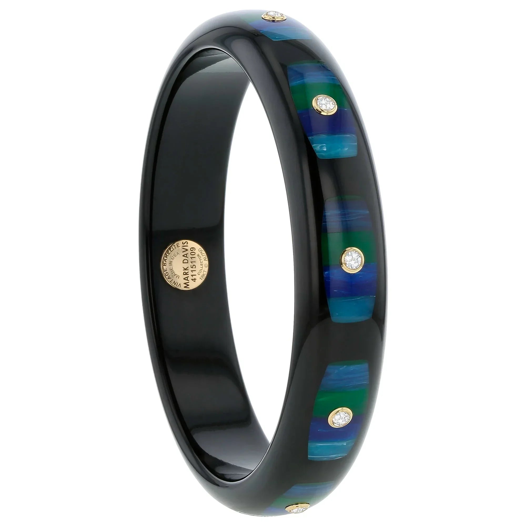 Hera Bangle | Ink black bakelite with inlay and stones. 