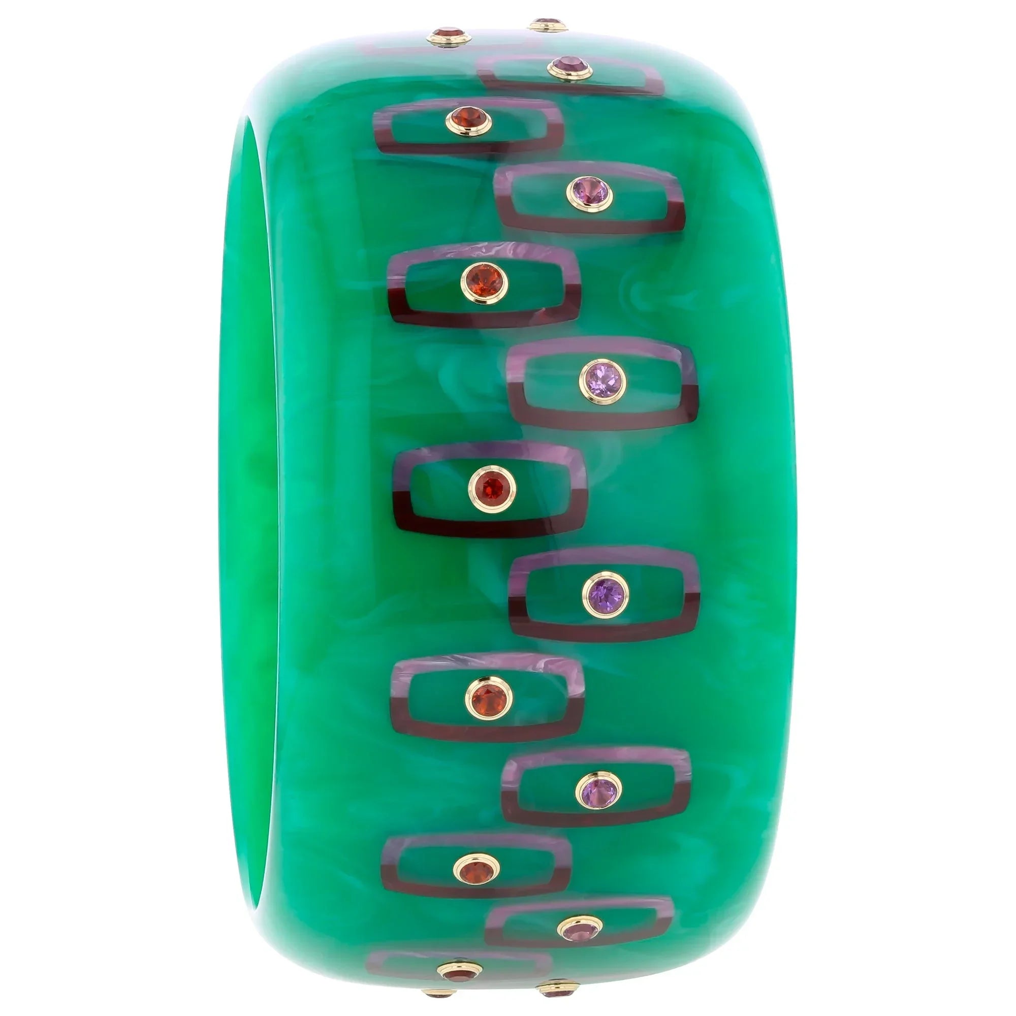 Hyatt Bangle | Coral green bakelite with inlay and stones. 