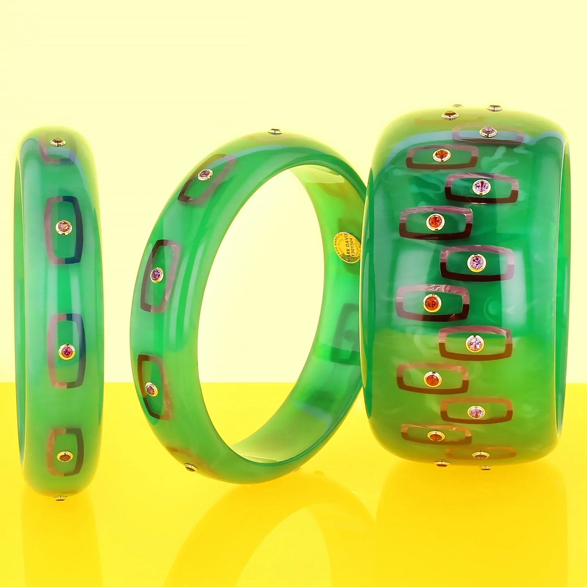 Hypatia Bangle | Pastel green bakelite with inlay and stones. 