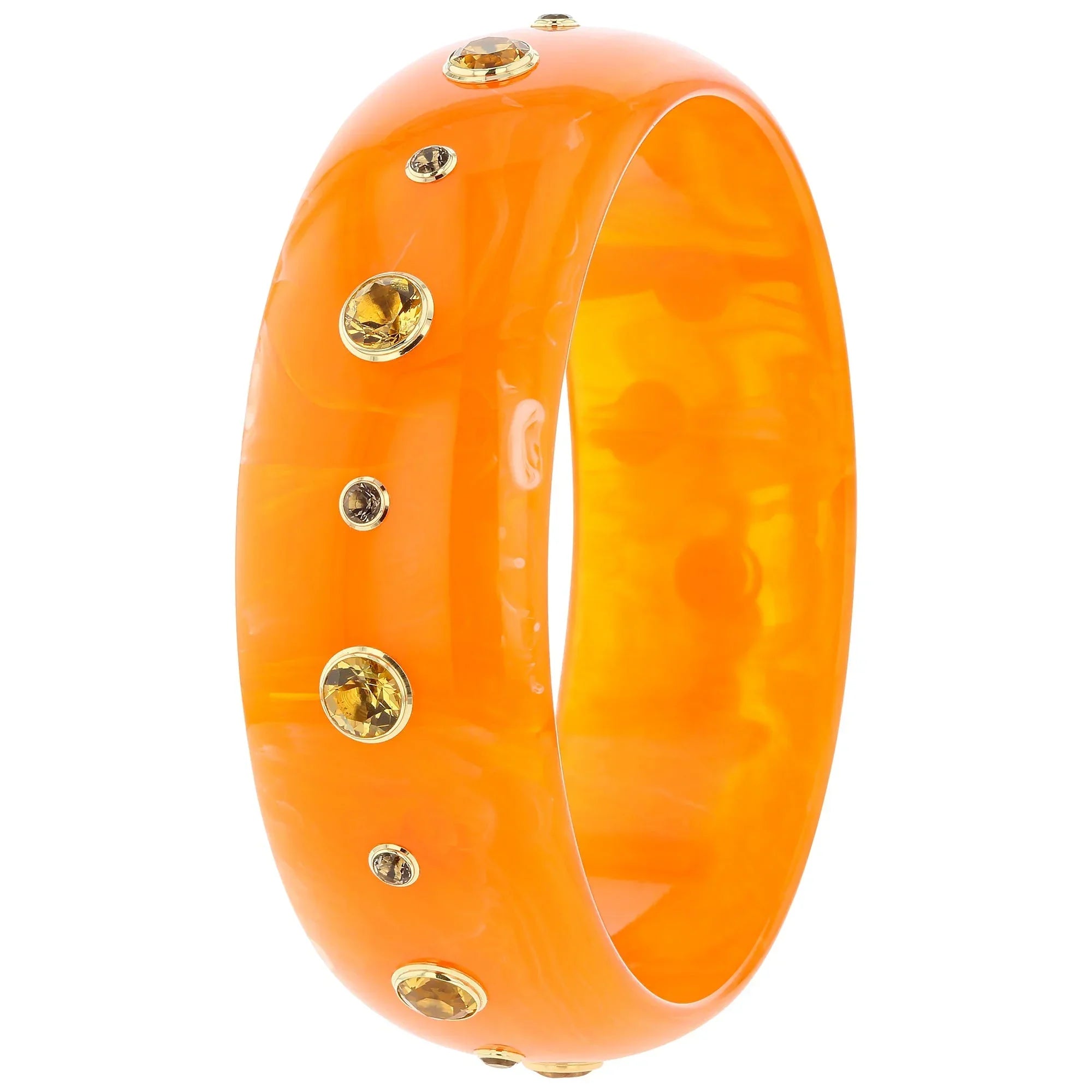 Iris Bangle | Marbled orange bakelite with stones.