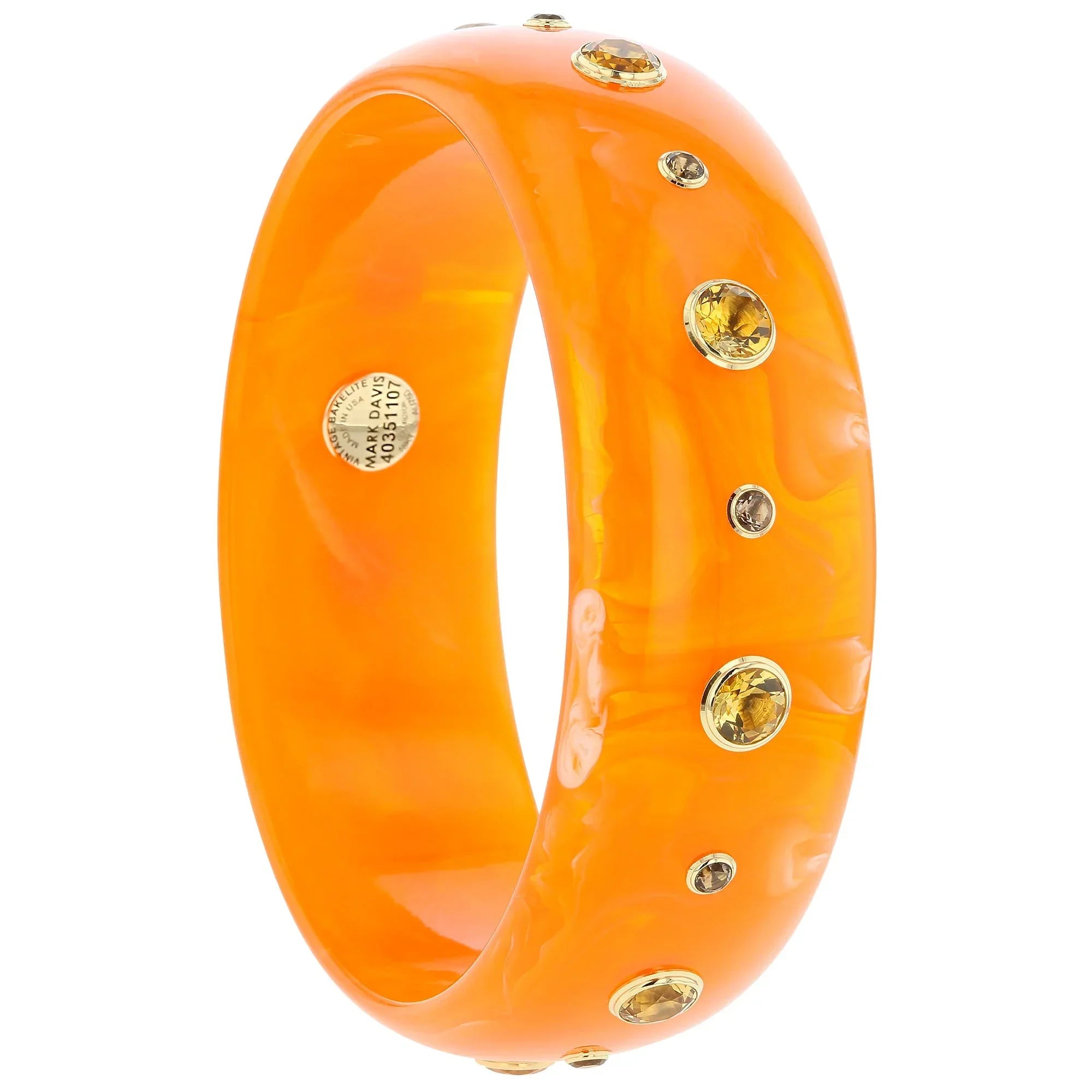 Iris Bangle | Marbled orange bakelite with stones.