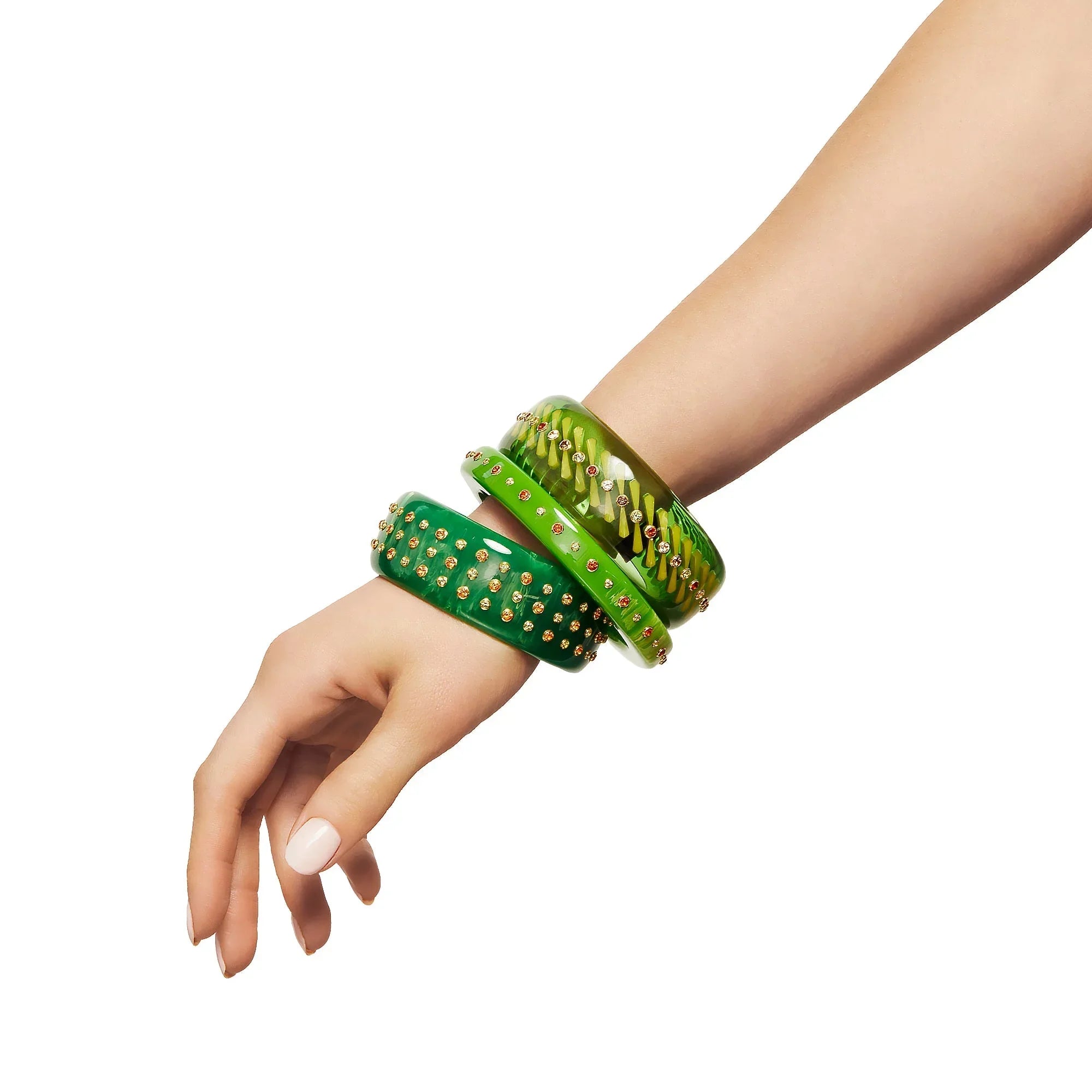 Iris Bangle | Bakelite with a simple straight line pattern of stones.