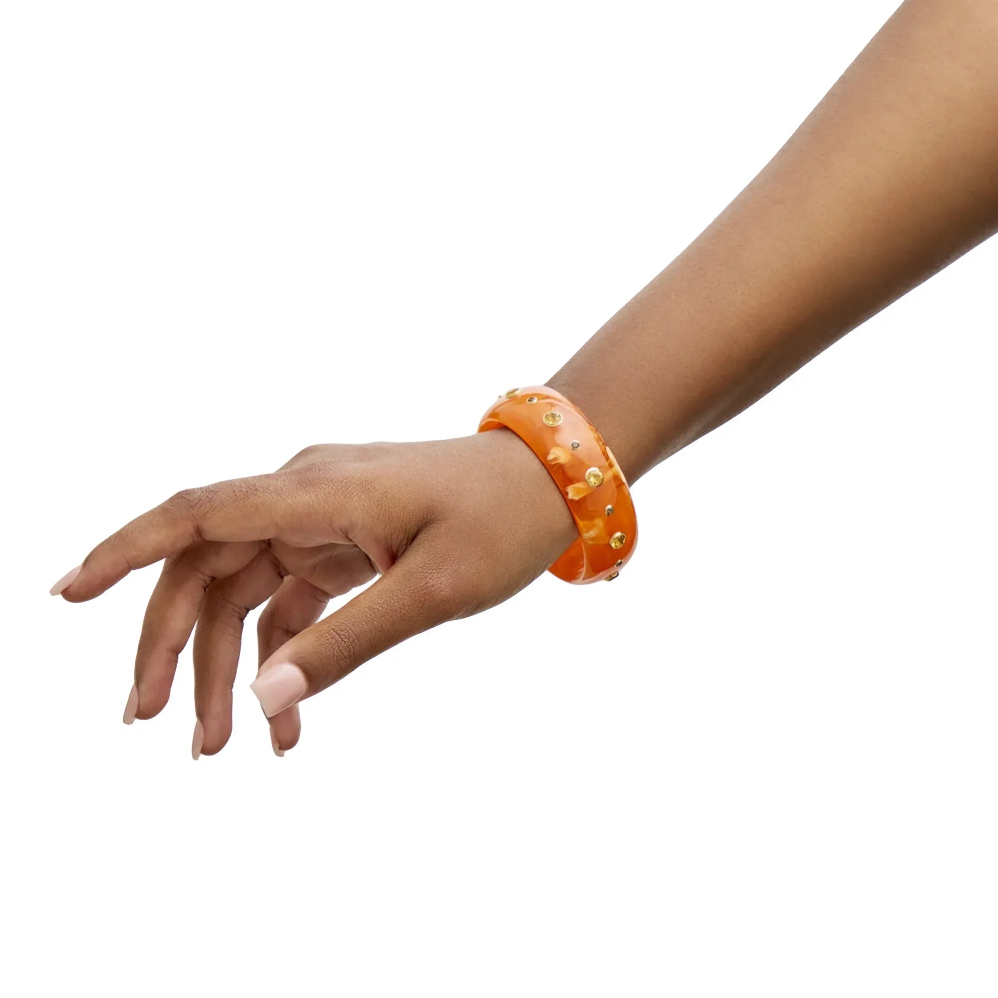 Iris Bangle | Marbled orange bakelite with stones.
