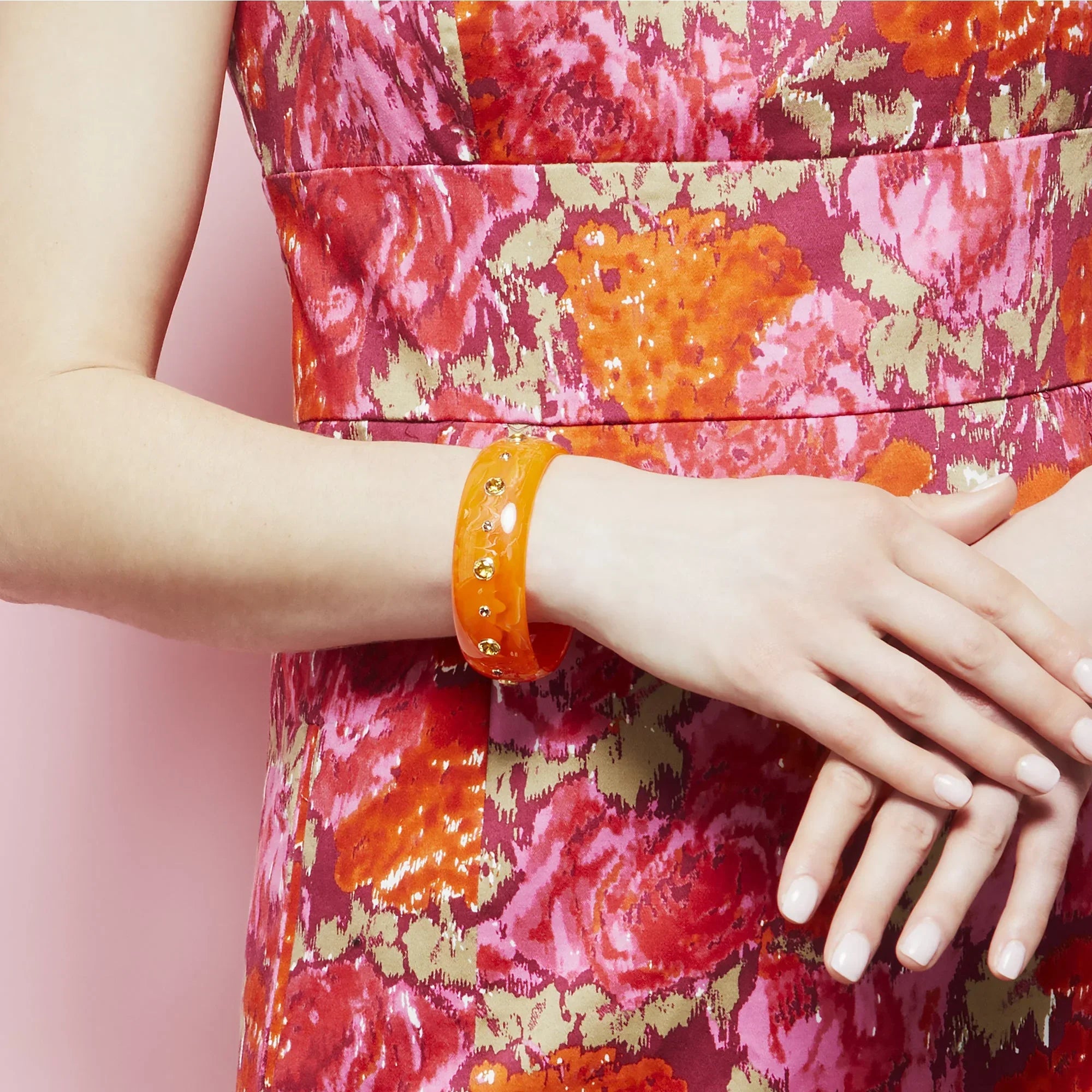 Iris Bangle | Marbled orange bakelite with stones.