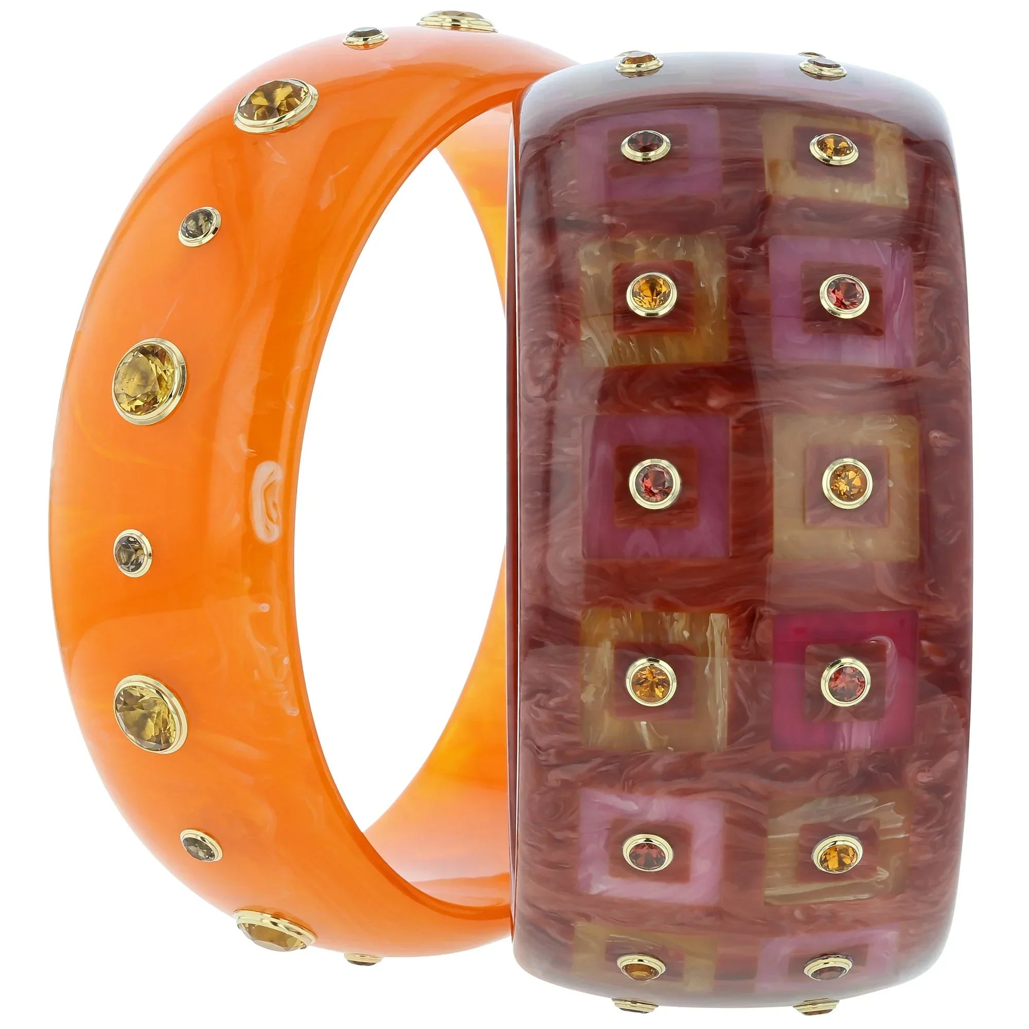 Iris Bangle | Marbled orange bakelite with stones.