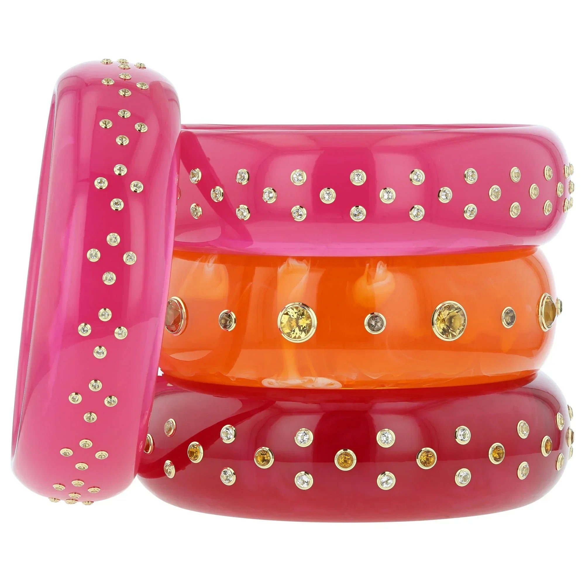 Iris Bangle | Marbled orange bakelite with stones.