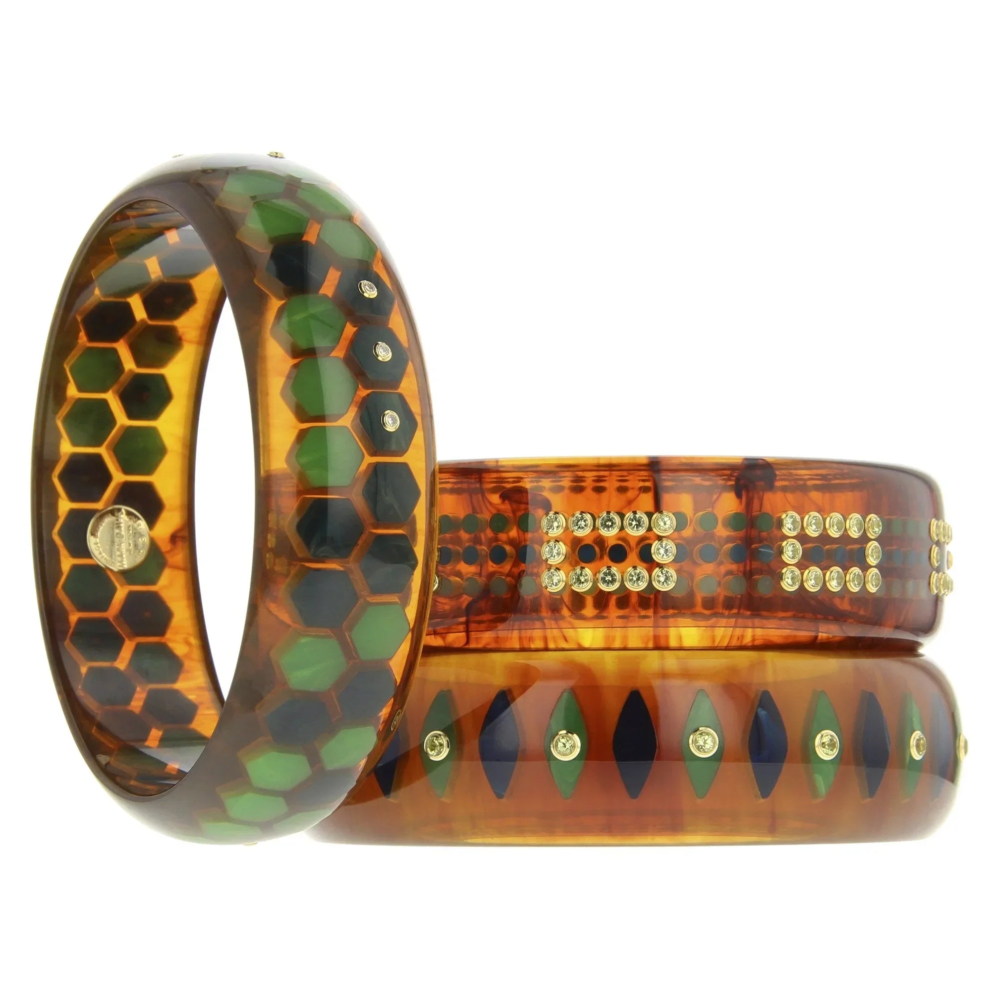 Isabella II Bangle | Honeycomb design bangle with inlay and stones.