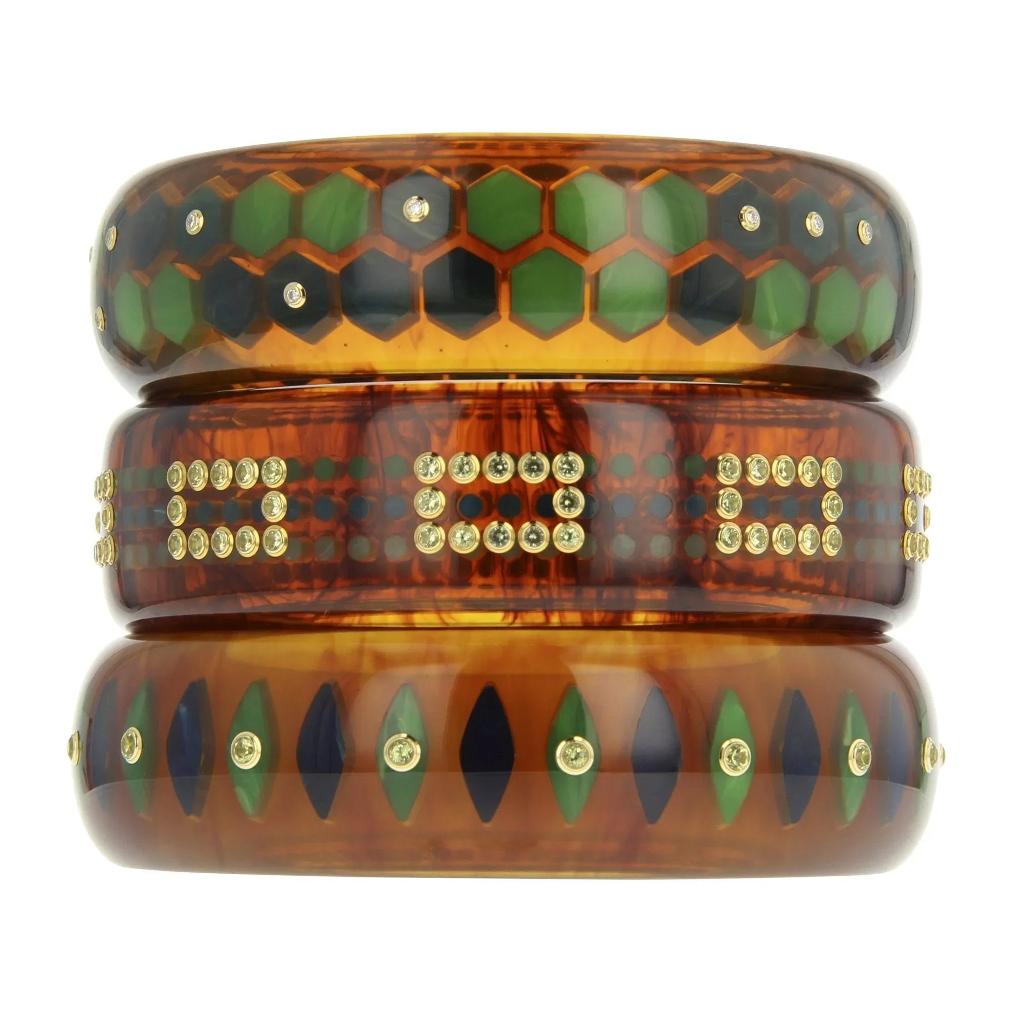 Isabella II Bangle | Honeycomb design bangle with inlay and stones.