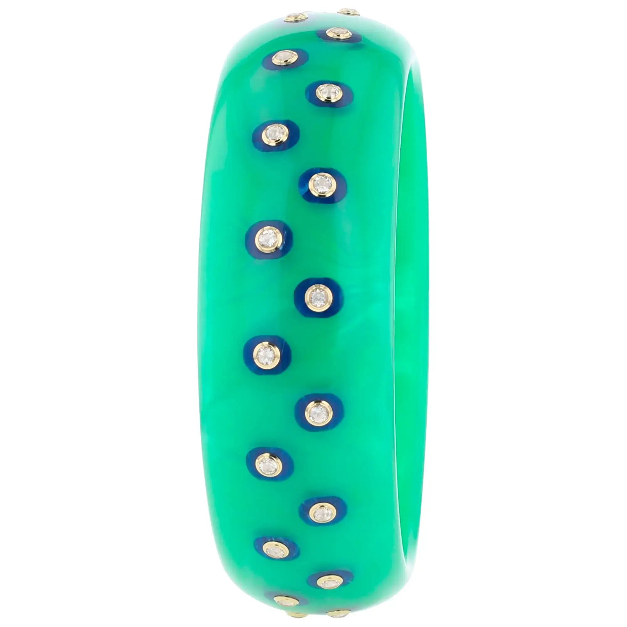 Joy Bangle | Spring green bakelite with inlay and stones.