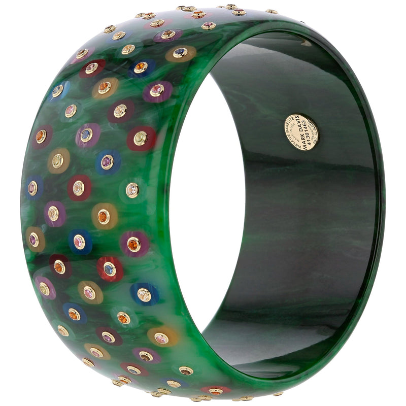 Joy V Bangle | Richly marbled bakelite bangle with inlay and stones.