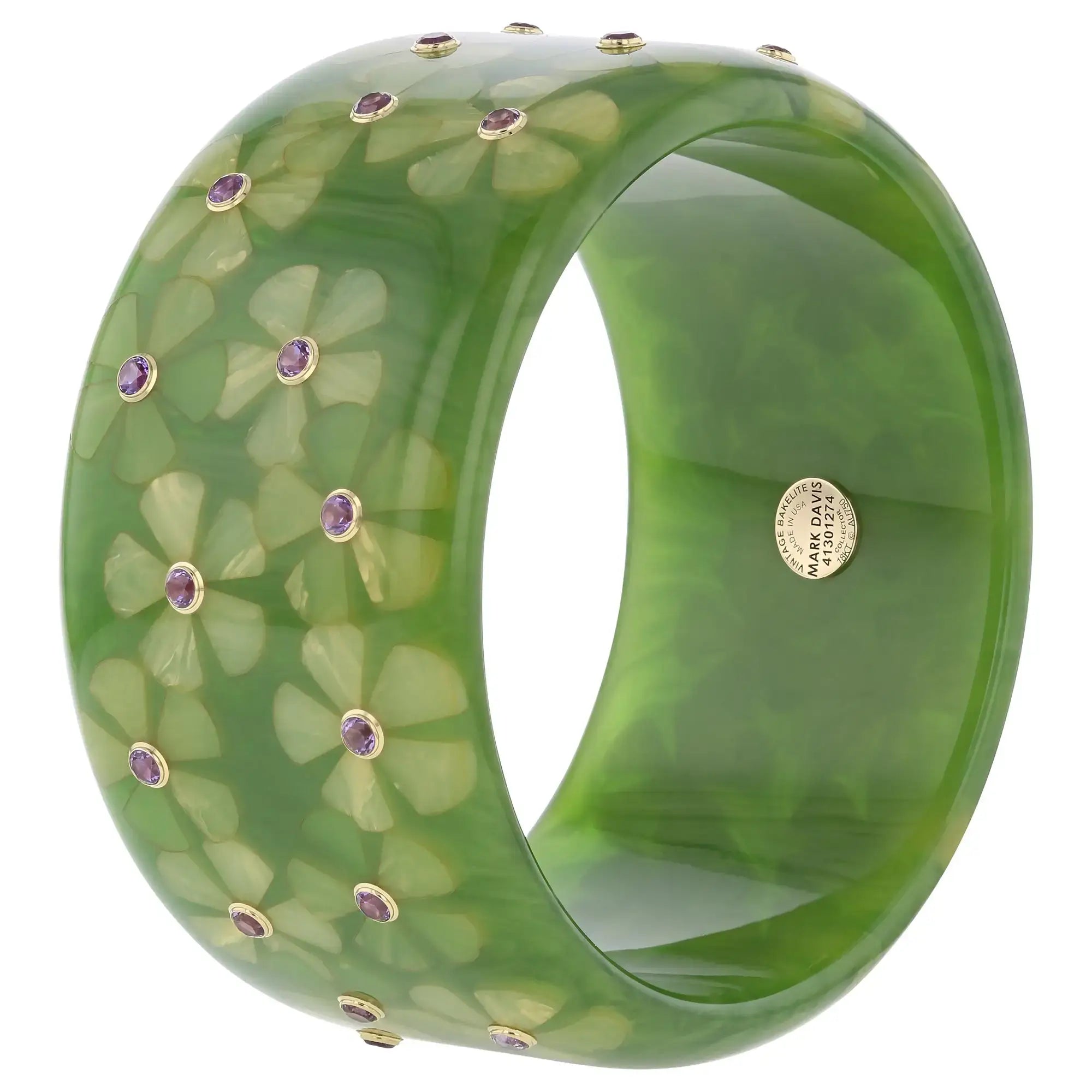 June Bangle | Pistachio green bakelite with inlay and stones.