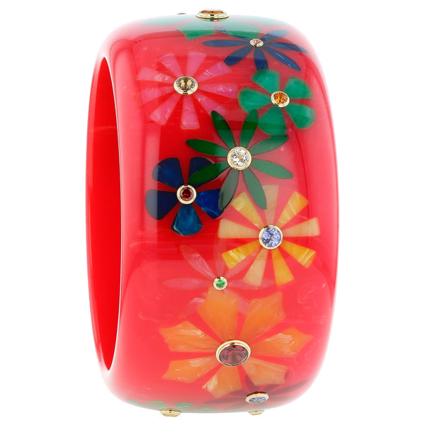 June Bangle | Bakelite bangle with inlay and stones, flower array.