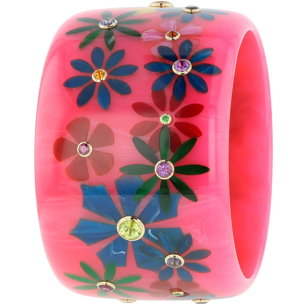 June Bangle | Bakelite bangle with colorful flower inlay and stones.