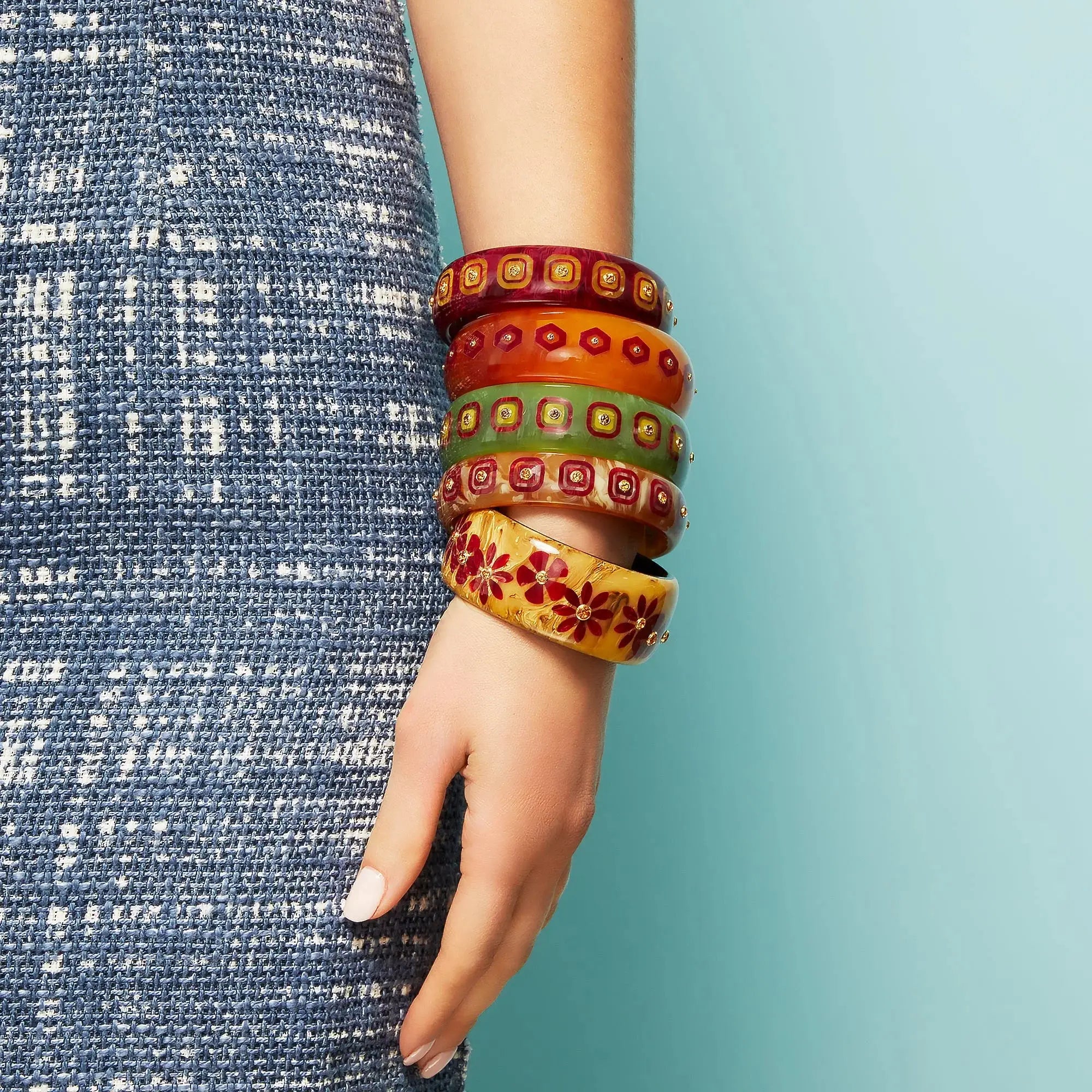 June Bangle | Floral bakelite bangle with inlay and stones.