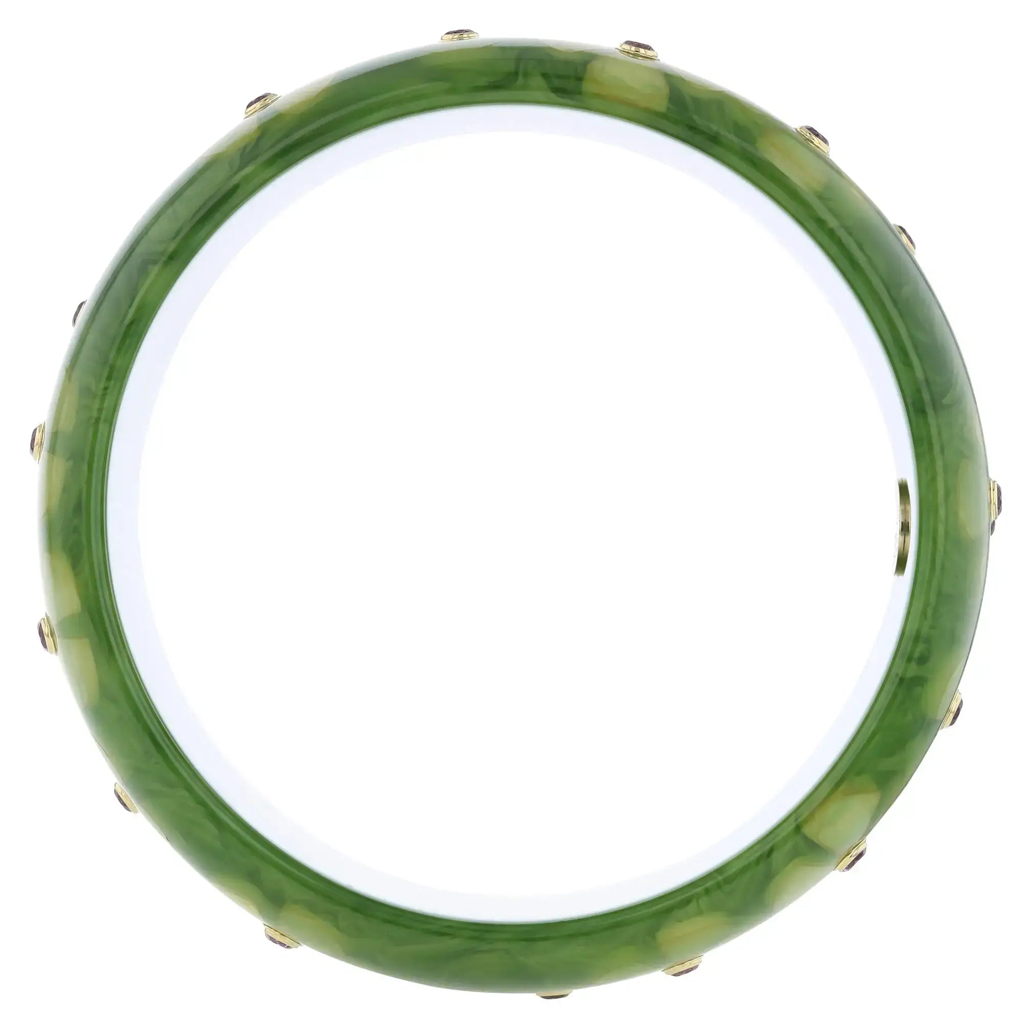 June Bangle | Pistachio green bakelite with inlay and stones.