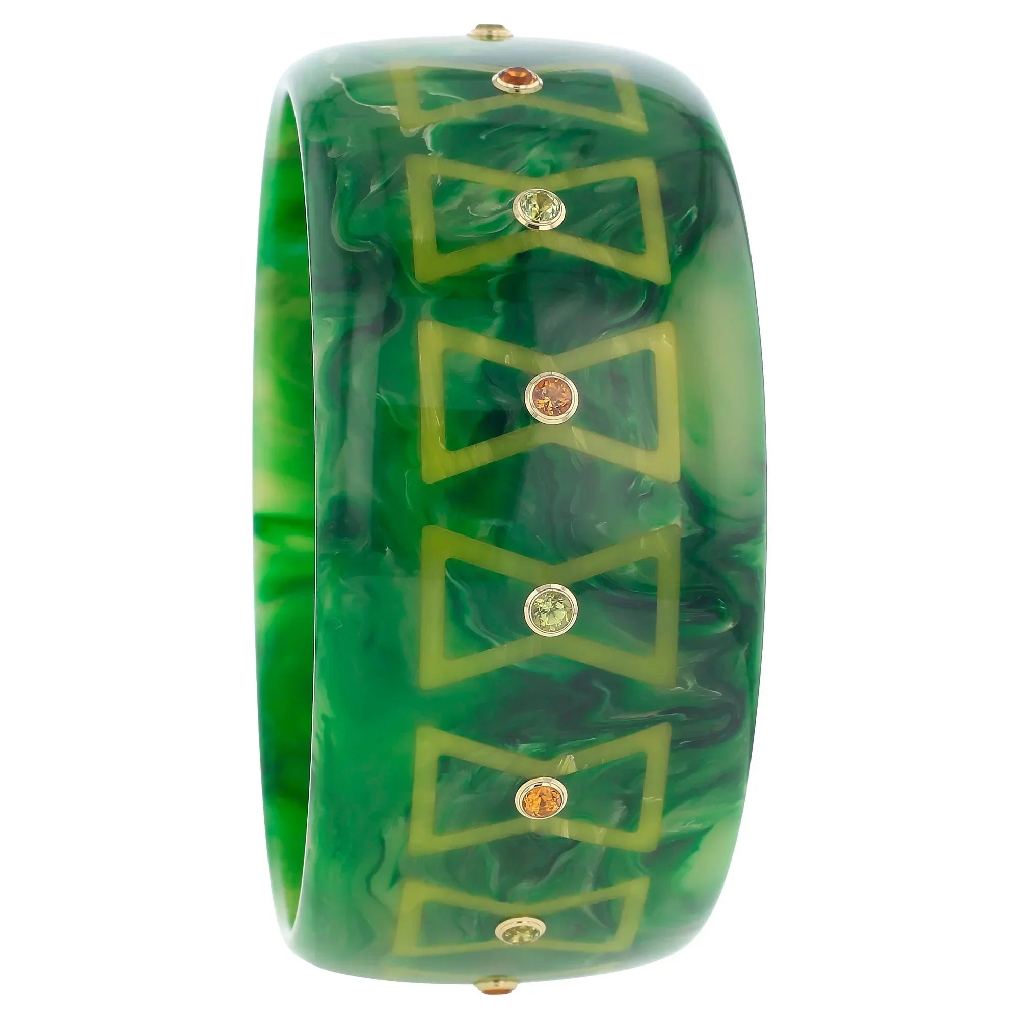 Kali Bangle | Watermelon green bakelite with inlay and stones. 