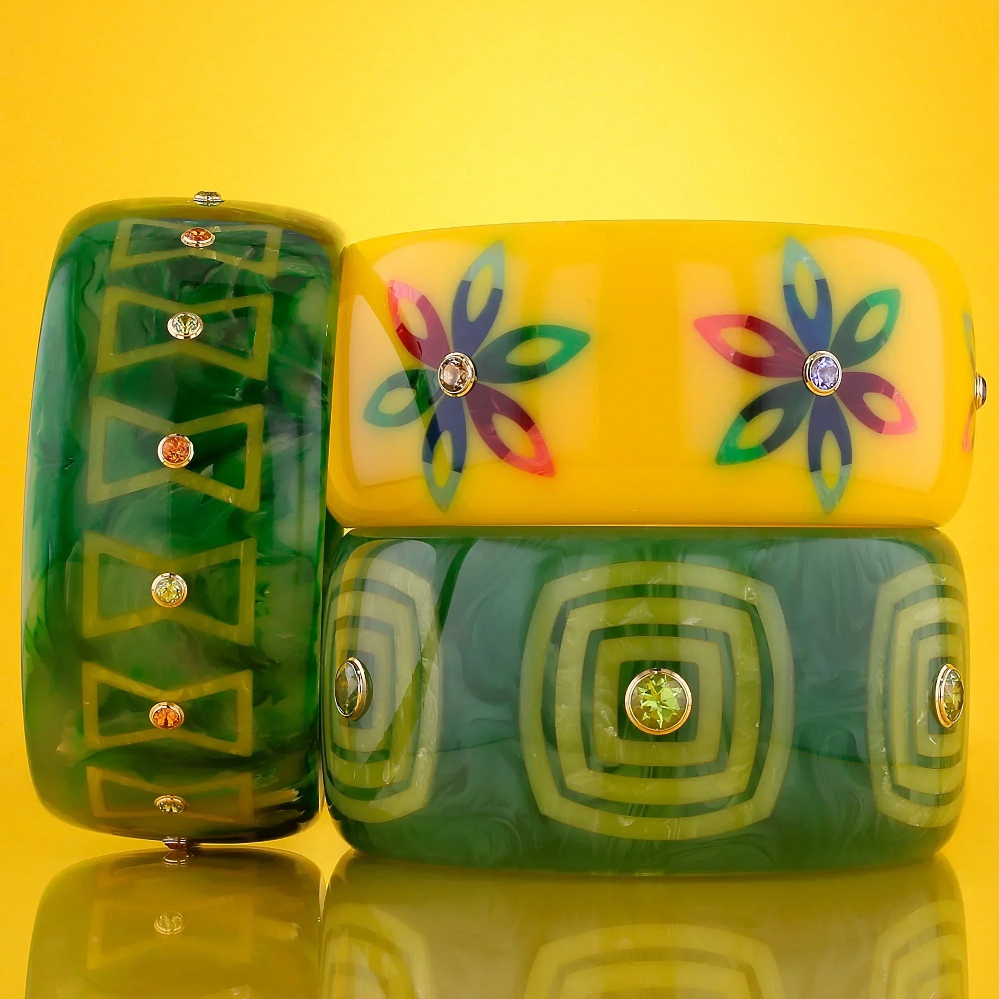Kali Bangle | Watermelon green bakelite with inlay and stones. 