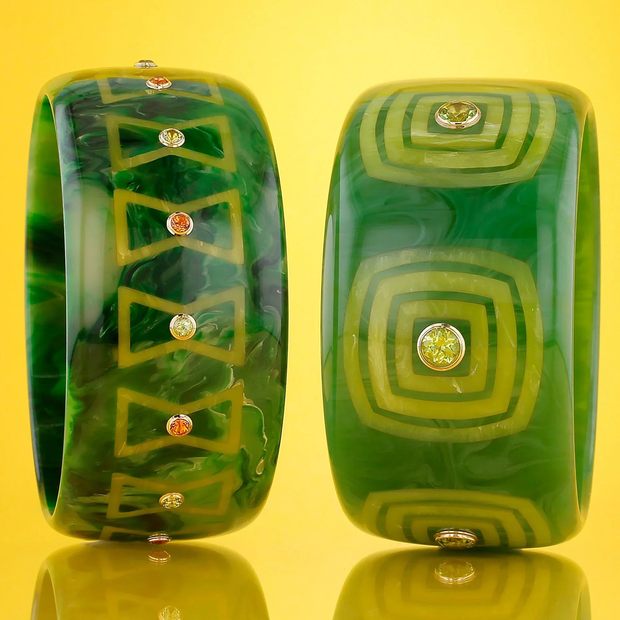 Kali Bangle | Watermelon green bakelite with inlay and stones. 