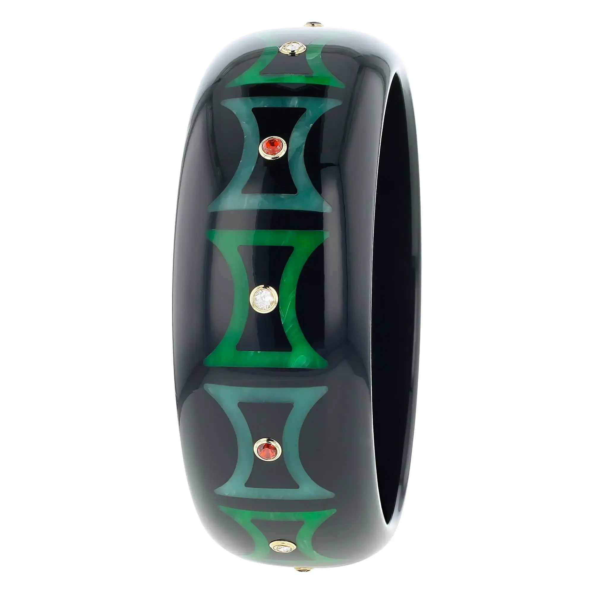 Kara Bangle | Classic black bakelite with inlay and stones.