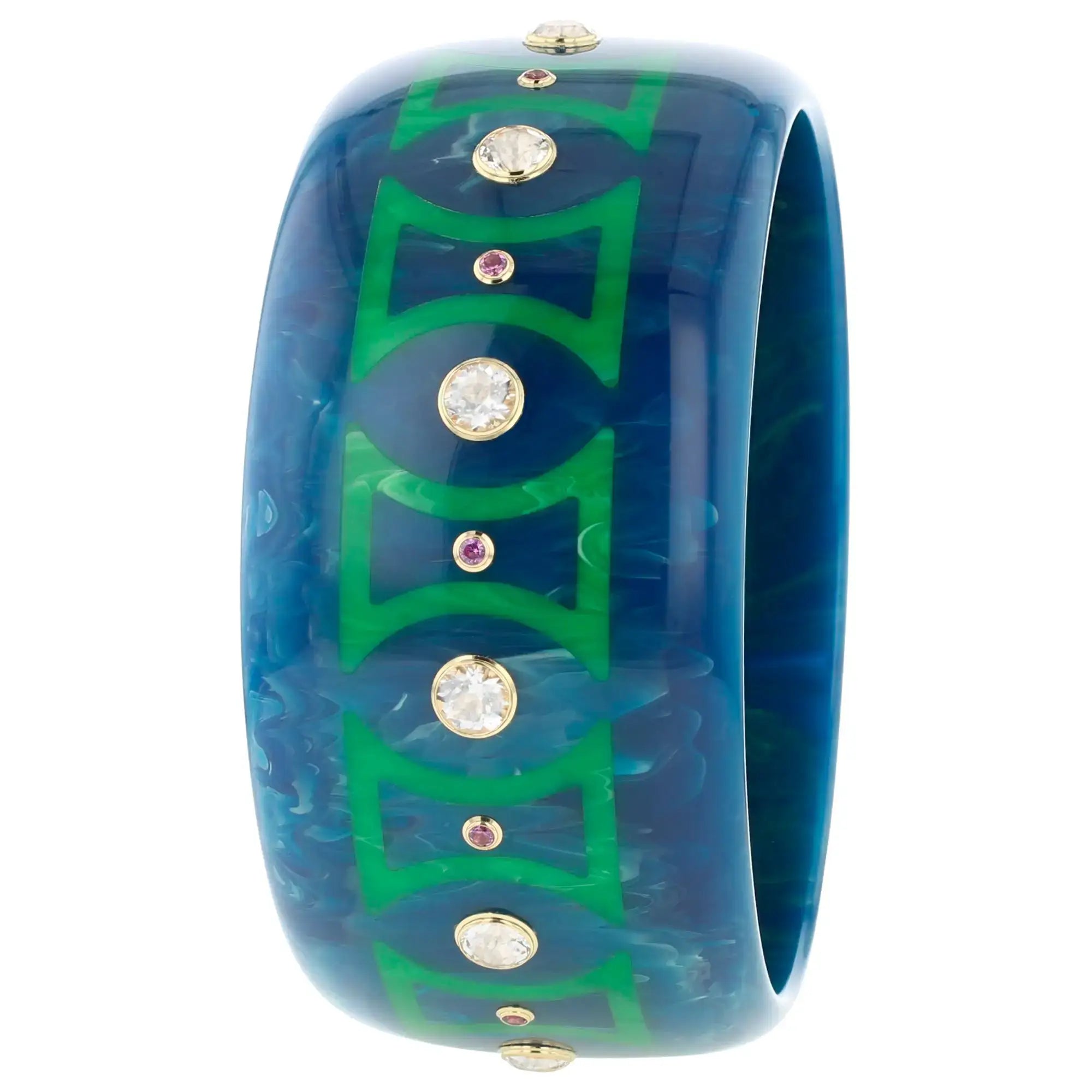 Kara Bangle | Pacific blue bakelite with inlay and stones.