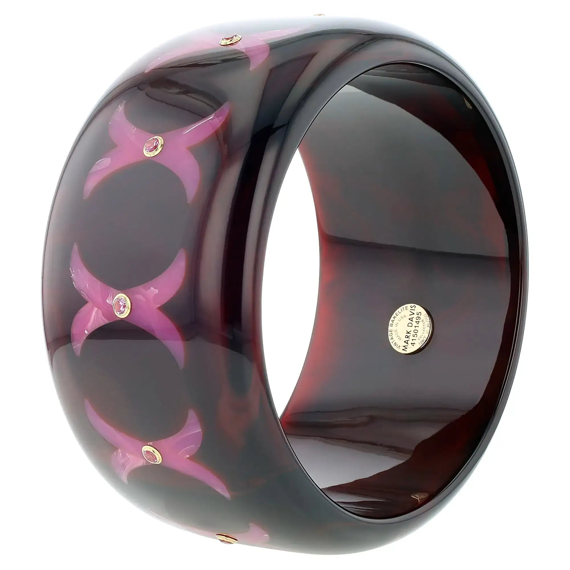 Karmen Bangle | Dark sienna bakelite with inlay and stones.
