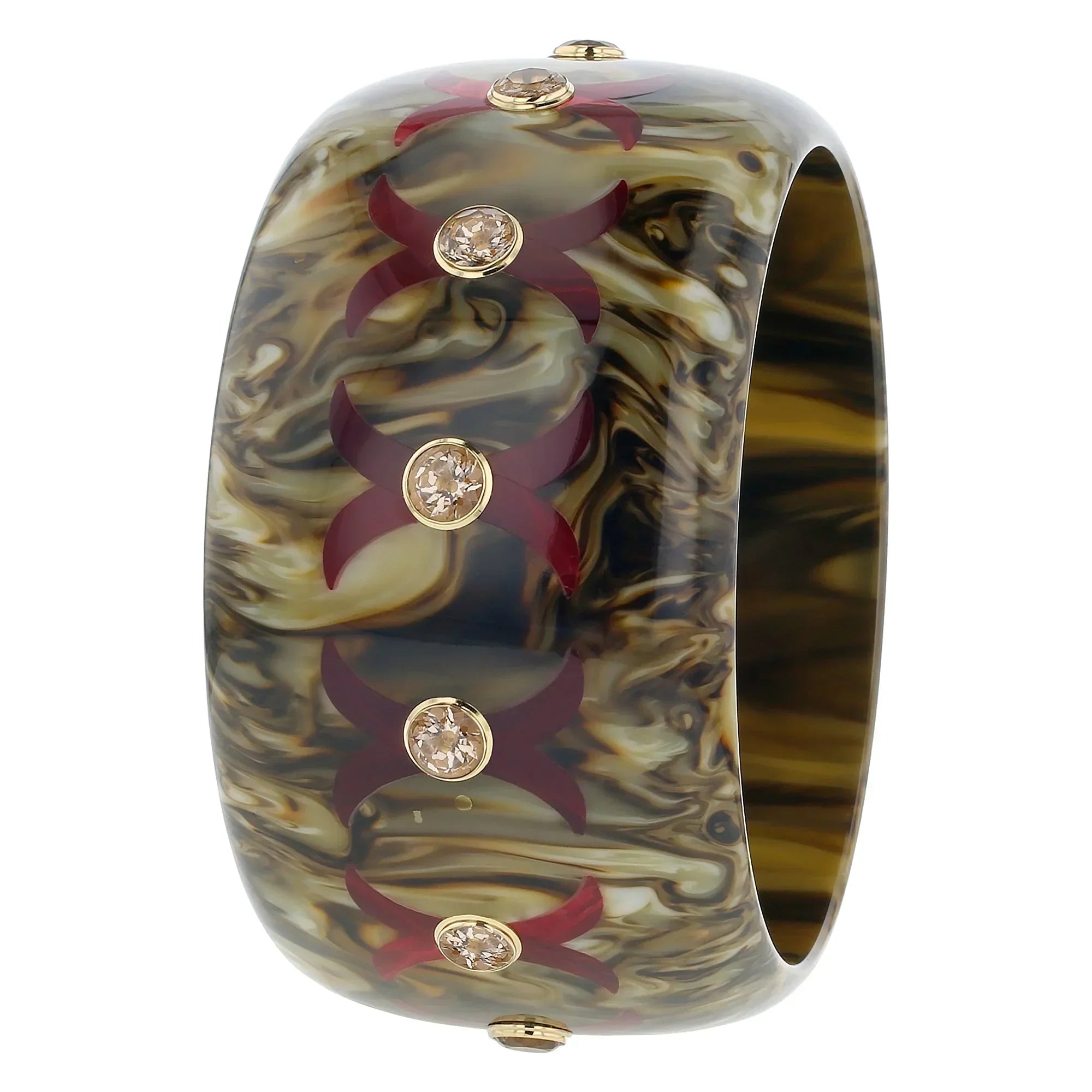 Karmen Bangle | Bakelite with elegant X inlay and stones.