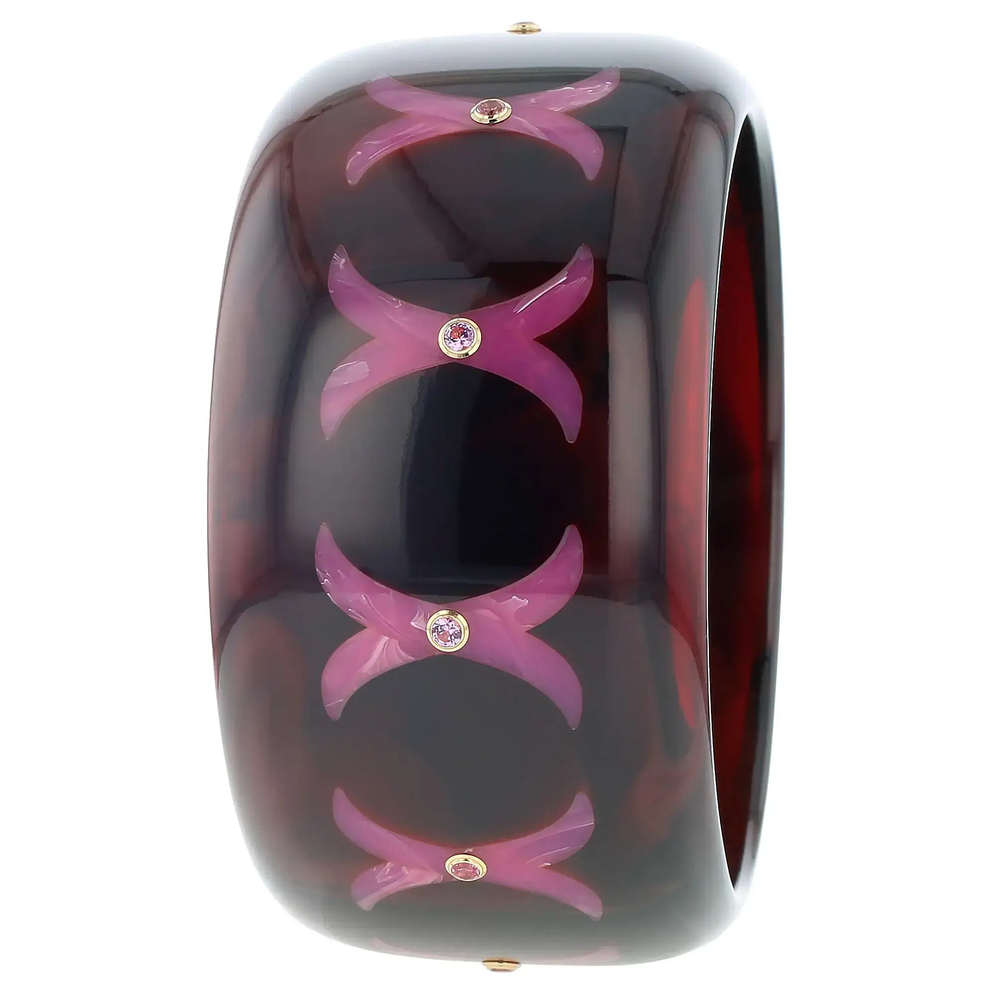 Karmen Bangle | Dark sienna bakelite with inlay and stones.