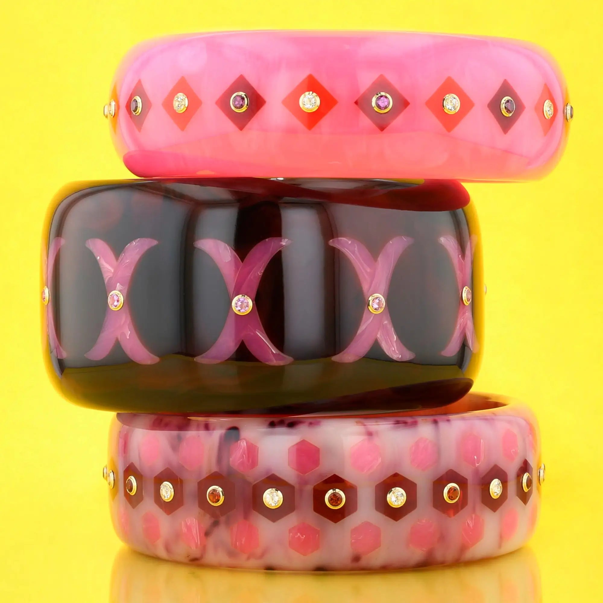 Karmen Bangle | Dark sienna bakelite with inlay and stones.