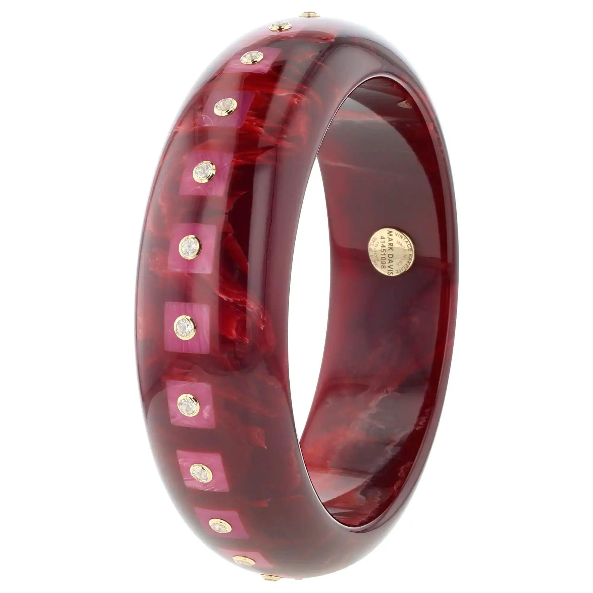 Katherine Bangle | Rich burgundy bakelite with inlay and stones.
