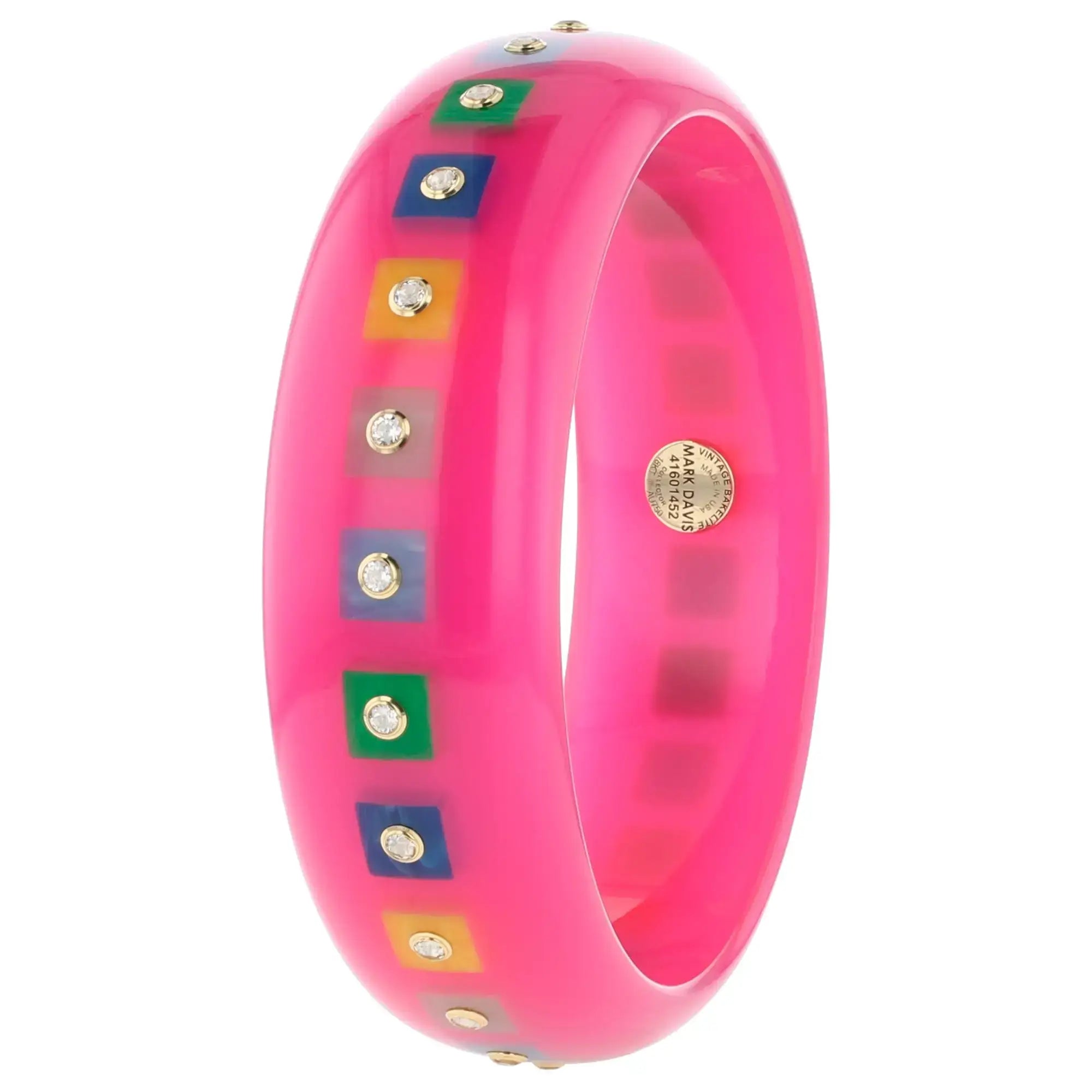 Katherine Bangle | Punch pink bakelite with inlay and stones.