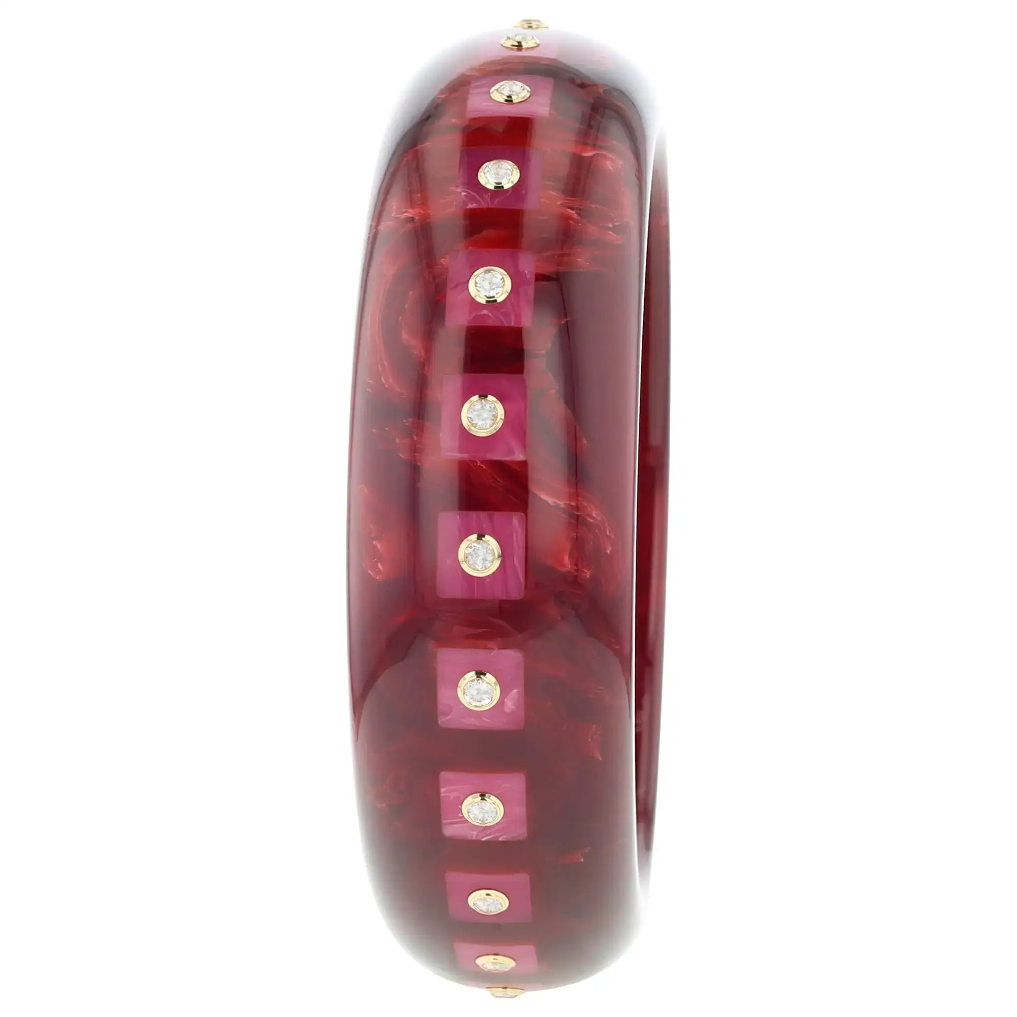 Katherine Bangle | Rich burgundy bakelite with inlay and stones.