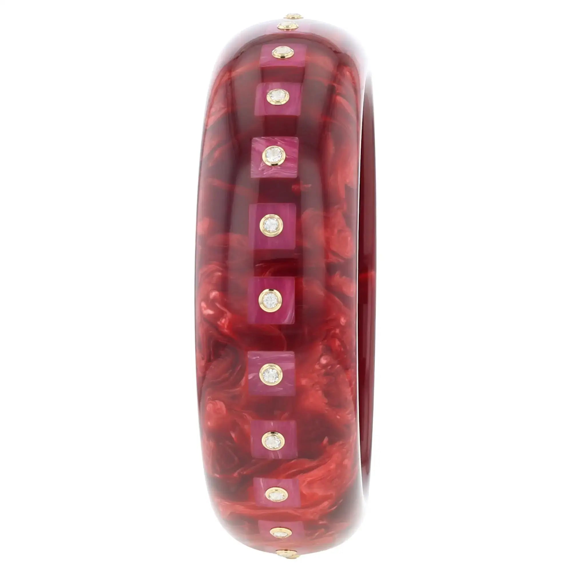 Katherine Bangle | Bakelite with pink squares inlay and stones.