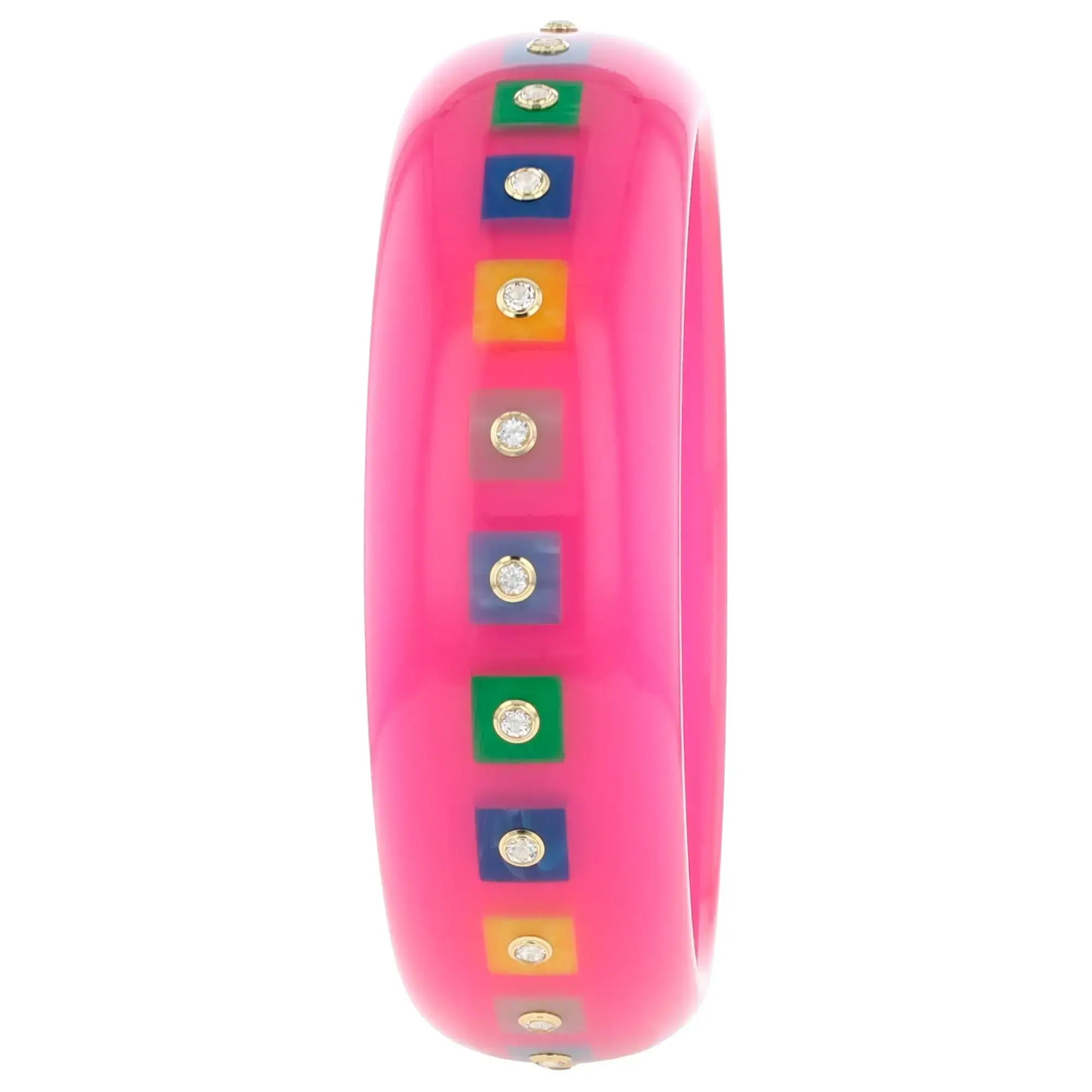 Katherine Bangle | Punch pink bakelite with inlay and stones.