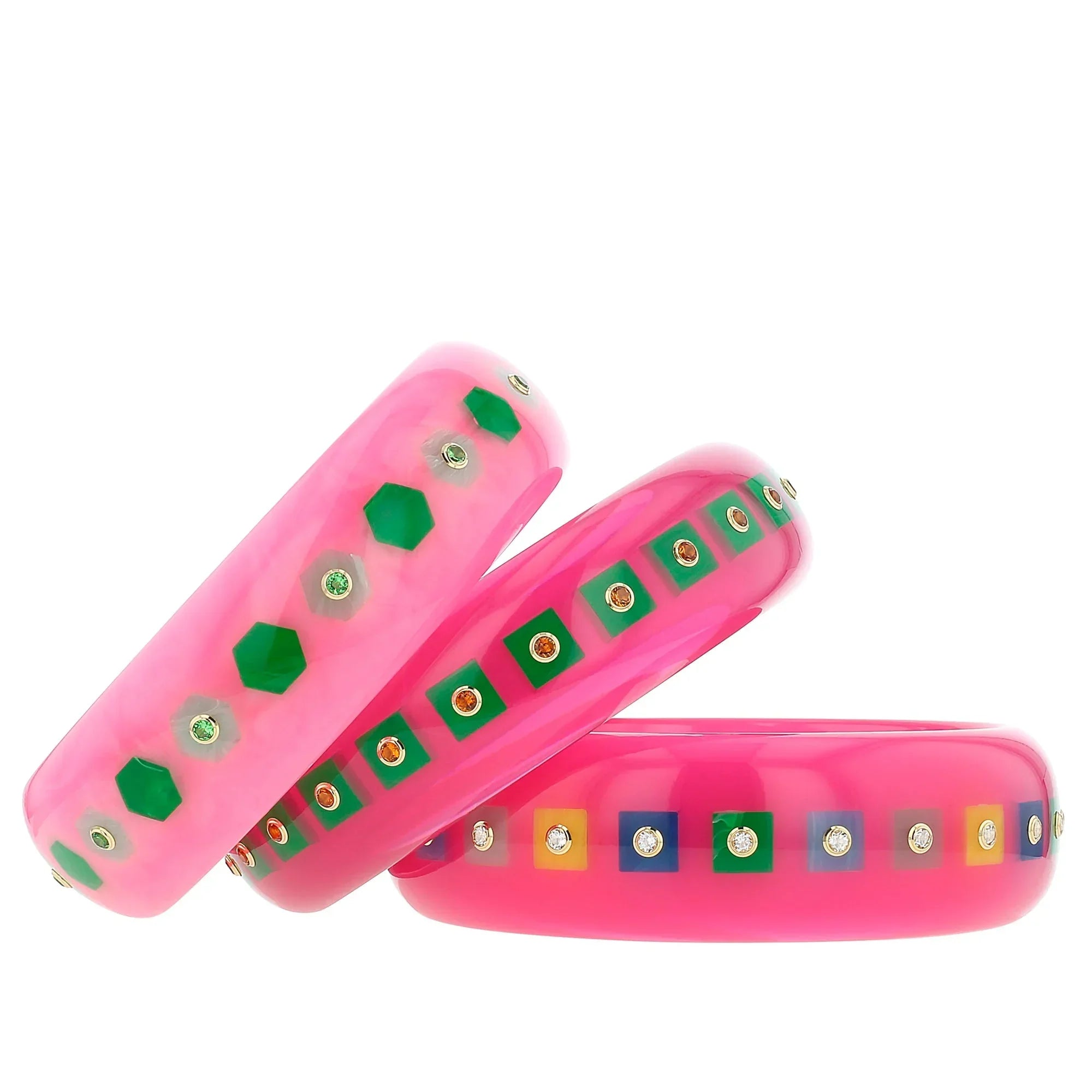 Katherine Bangle | Punch pink bakelite with inlay and stones.