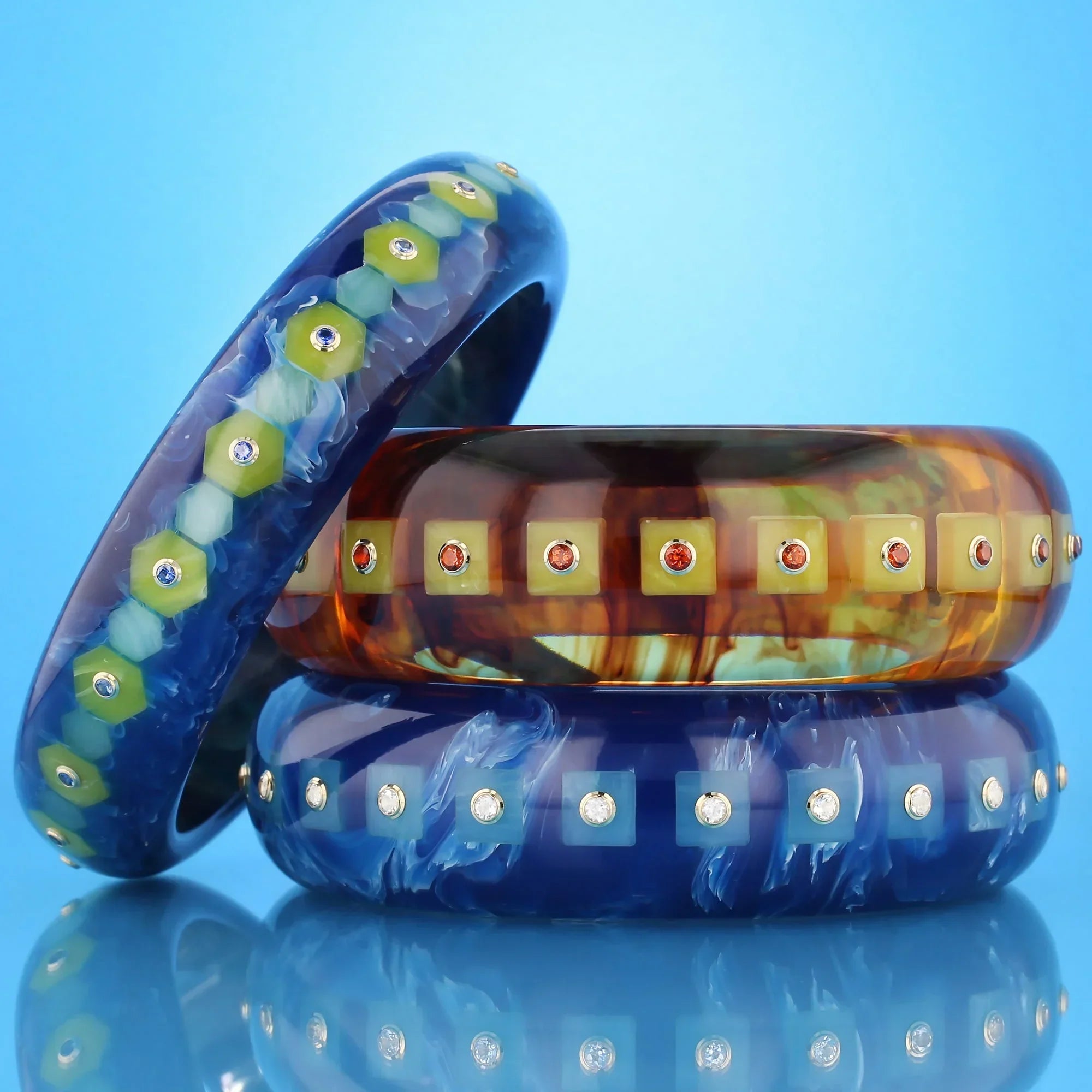 Katherine Bangle | Cerulean blue bakelite with inlay and stones. 