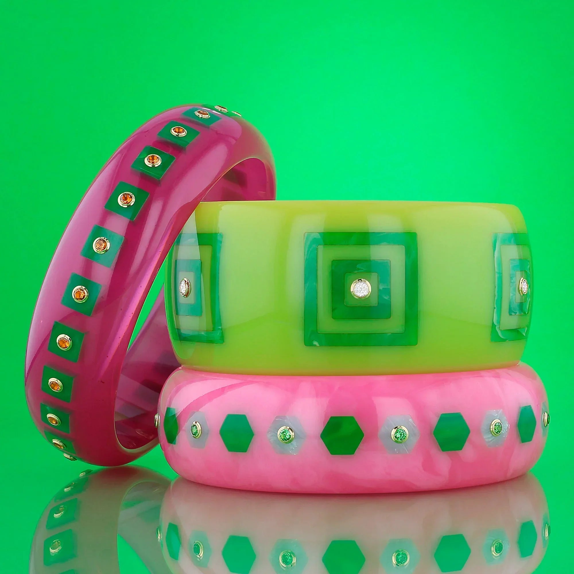 Katherine Bangle | Orchid pink bakelite with inlay and stones.