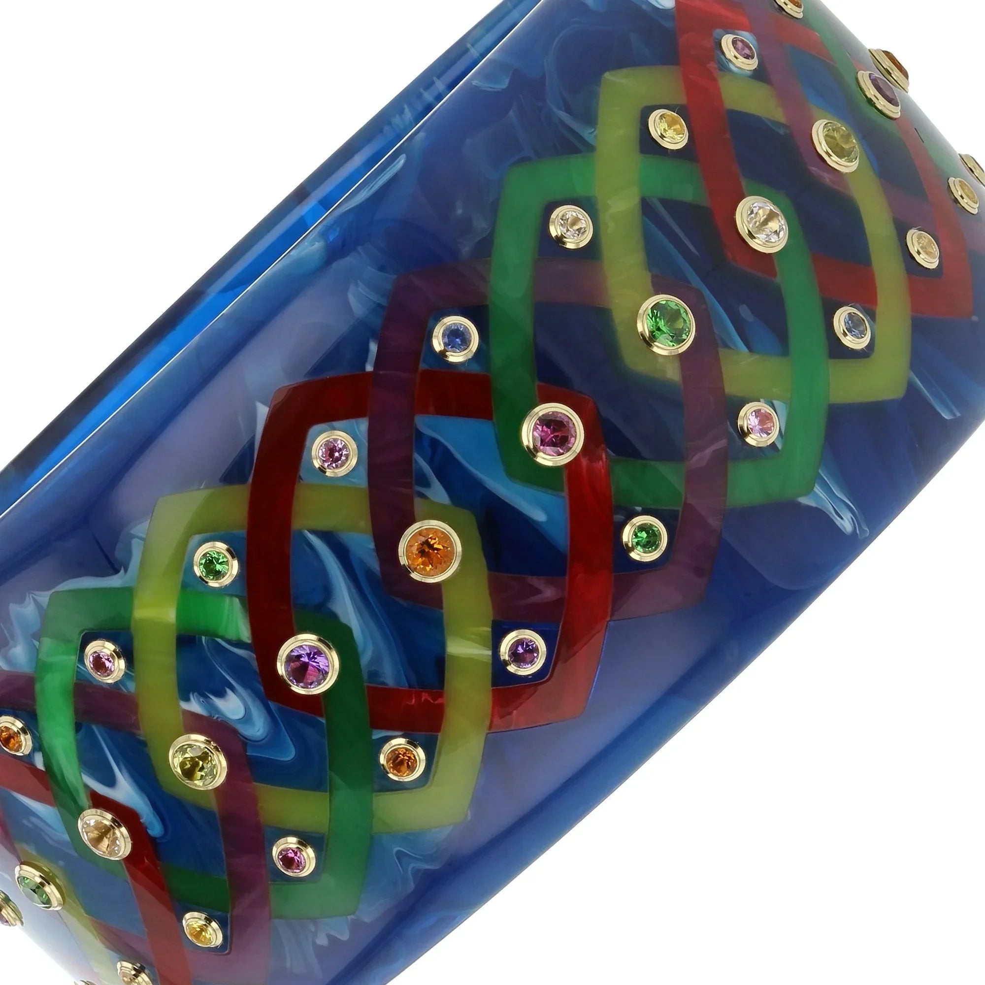Lattice Bangle | Overlapping lattice design bakelite bangle with inlay and stones.