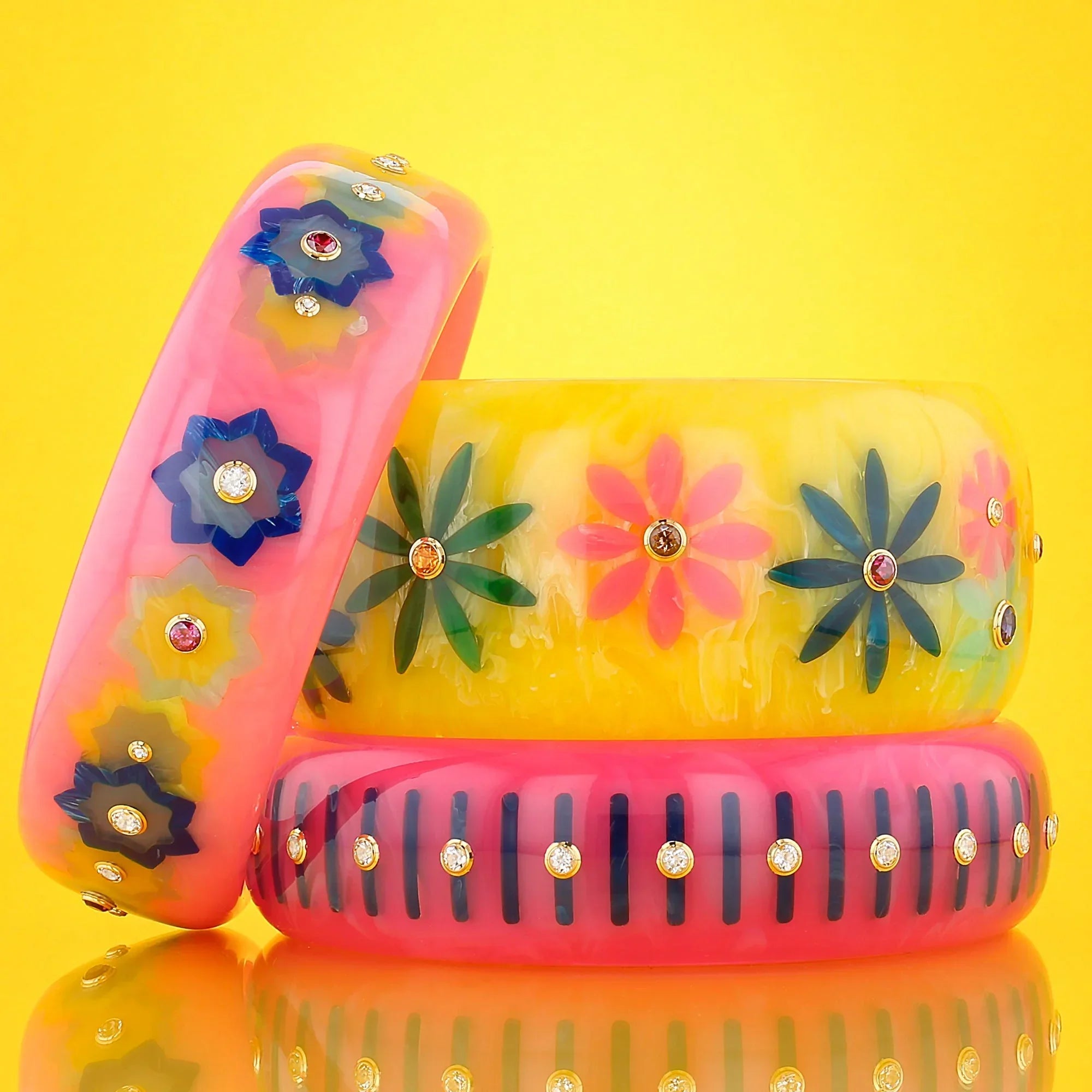 Lenora Bangle | Carnation pink bakelite with inlay and stones.
