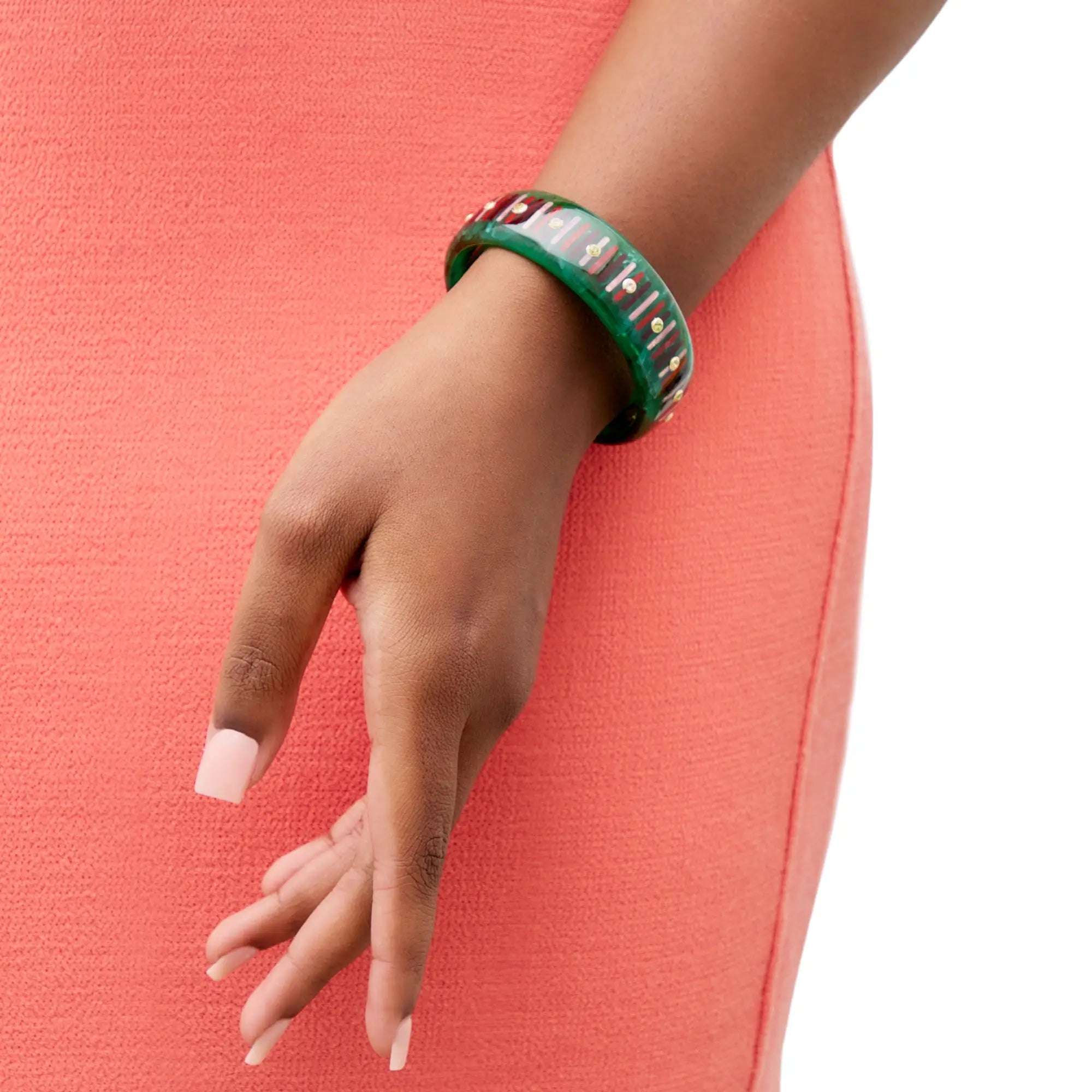 Lenora Bangle | Bakelite with inlay stripes and stones.